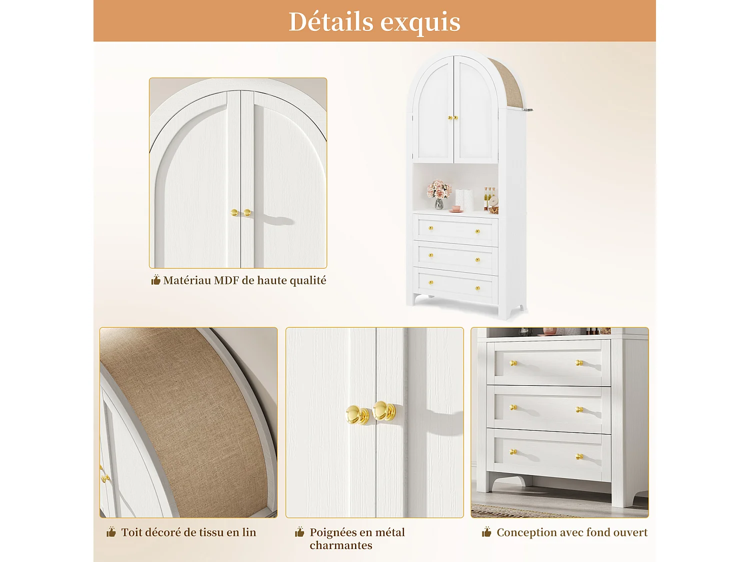 Buffet haute de rangement - 70 x 35 x 180 cm - en arc avec 3 tiroirs et 2 portes - MDF - blanc