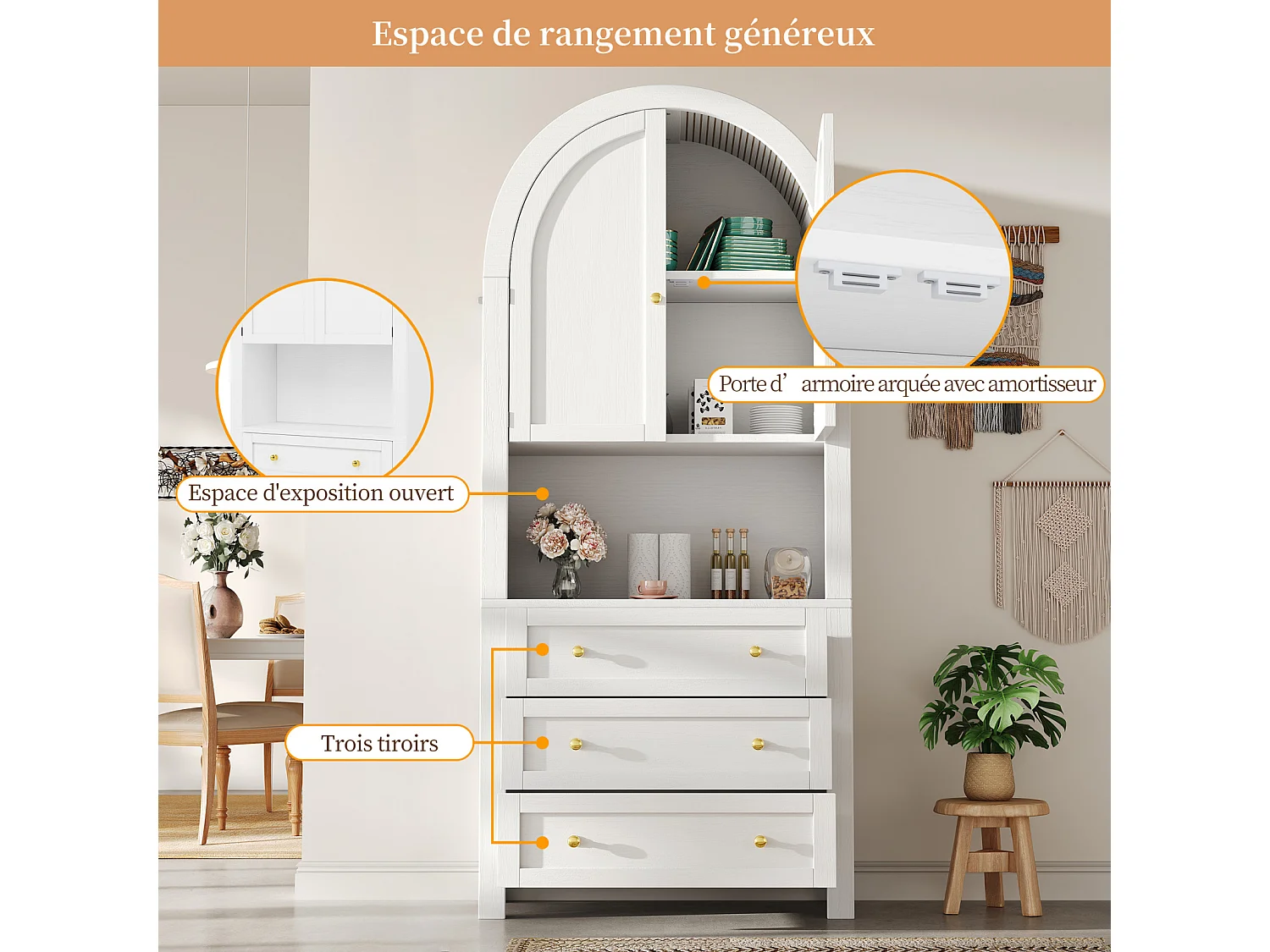 Buffet haute de rangement - 70 x 35 x 180 cm - en arc avec 3 tiroirs et 2 portes - MDF - blanc