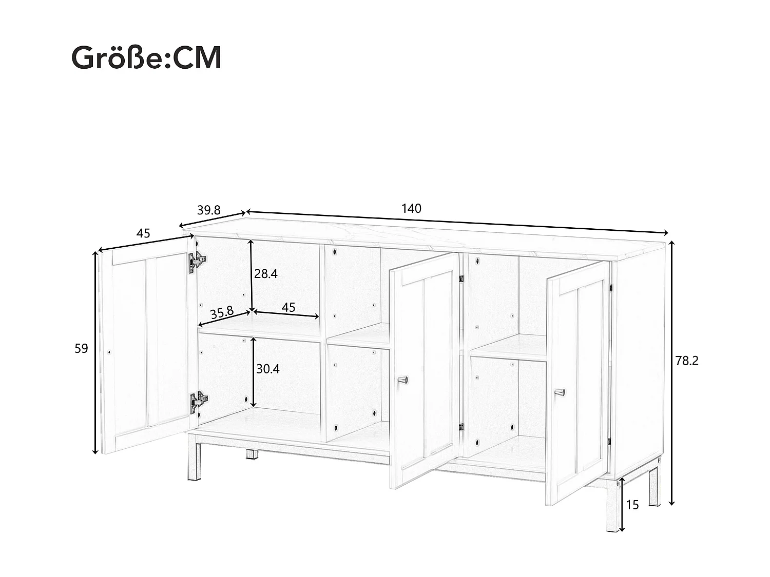 Buffet moderne avec 3 portes - 140 x 40 x 80 cm - MDF - pour salon ou cuisine - Blanc et or