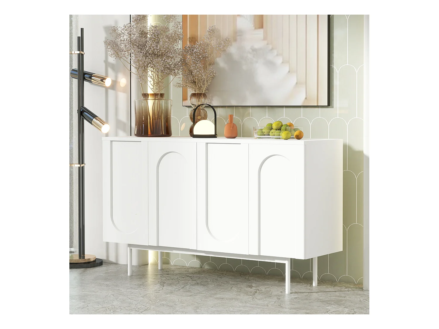 Credenza minimalista 140 x 42 x 80 cm, con 4 ante, per sala da pranzo e soggiorno, bianca