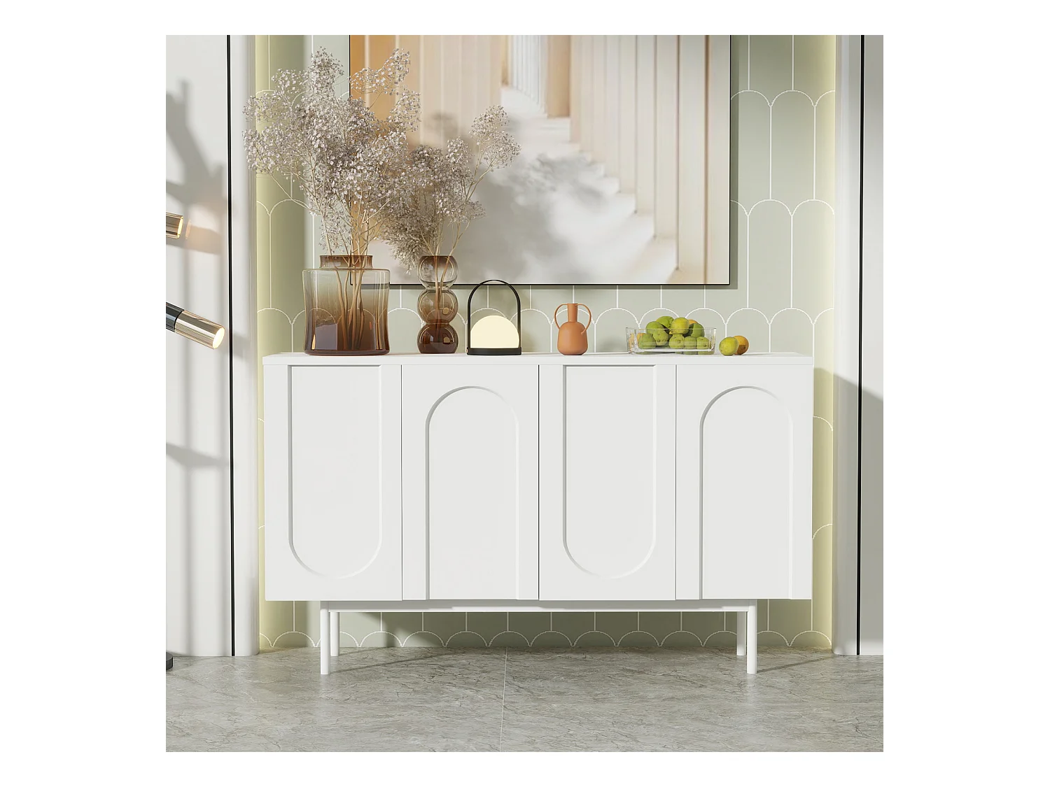 Credenza minimalista 140 x 42 x 80 cm, con 4 ante, per sala da pranzo e soggiorno, bianca