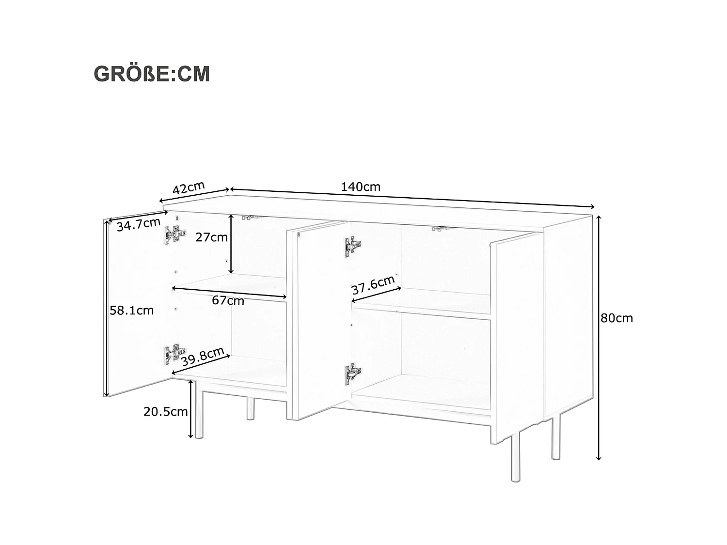 Credenza minimalista 140 x 42 x 80 cm, con 4 ante, per sala da pranzo e soggiorno, bianca