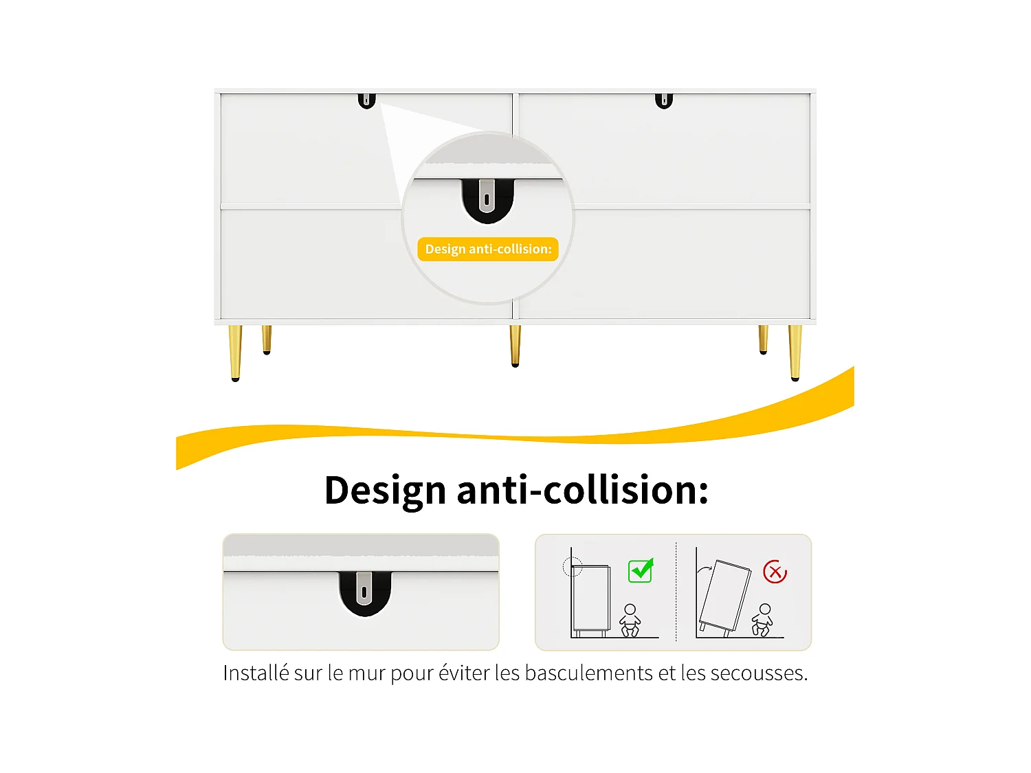Buffet moderne avec 4 portes et 2 tiroirs, poignées et pieds dorés, 152 x 40 x 75 cm, Blanc