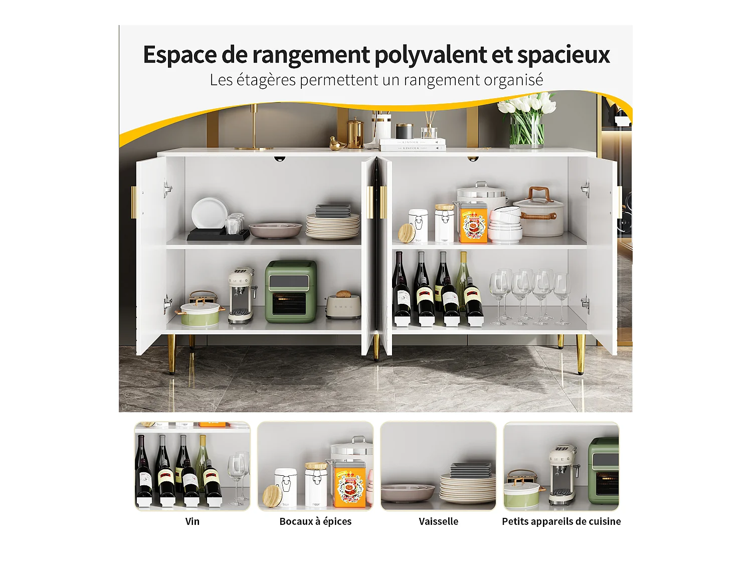 Buffet moderne avec 4 portes et 2 tiroirs, poignées et pieds dorés, 152 x 40 x 75 cm, Blanc