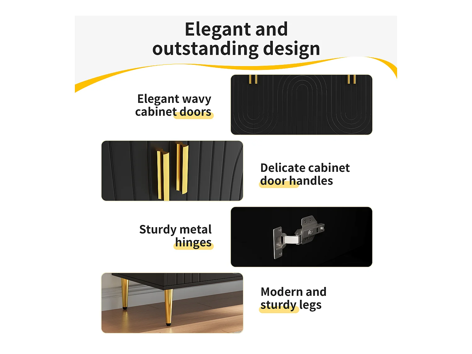 Buffet moderne avec 4 portes et 2 tiroirs, poignées et pieds dorés, 152 x 40 x 75 cm, Noir