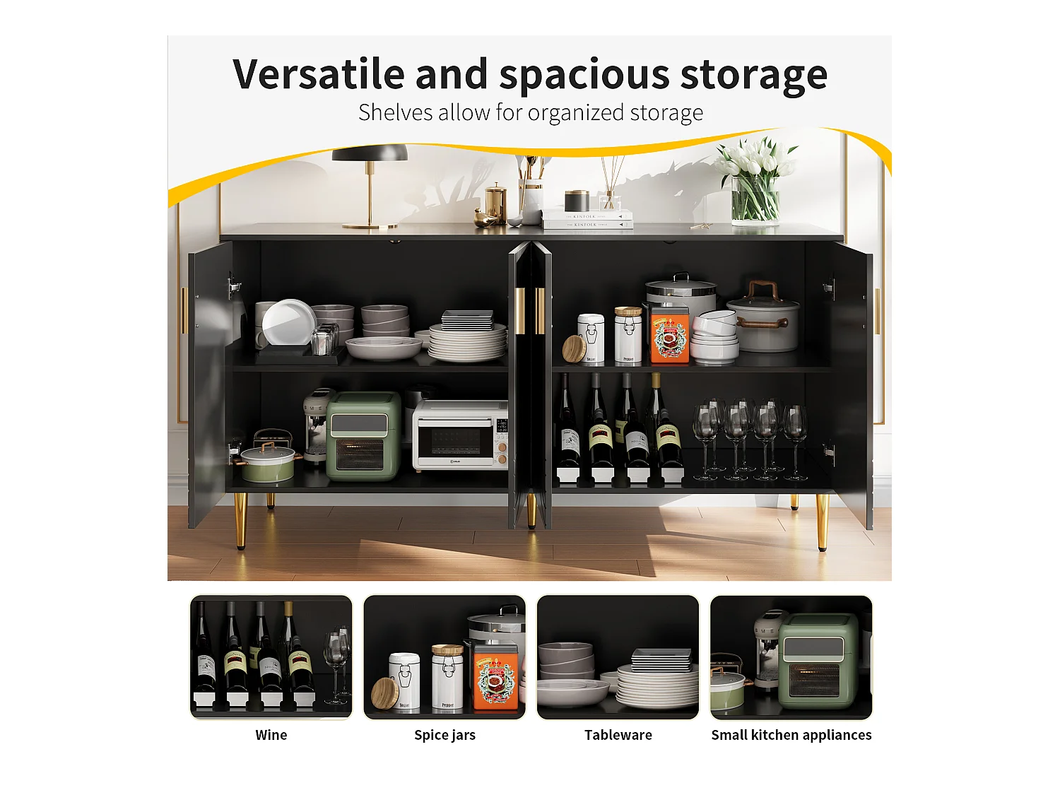 Buffet moderne avec 4 portes et 2 tiroirs, poignées et pieds dorés, 152 x 40 x 75 cm, Noir