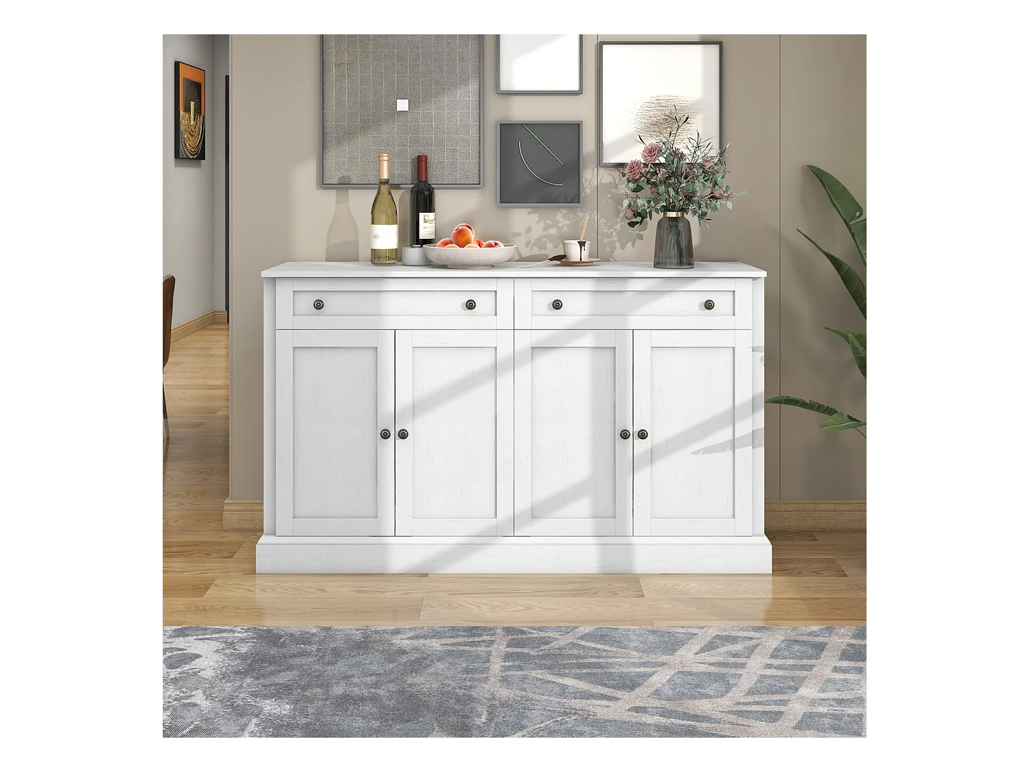 Buffet 4 portes 2 tiroirs, style moderne, 150x86x40 cm, pour salon et salle à manger, blanc