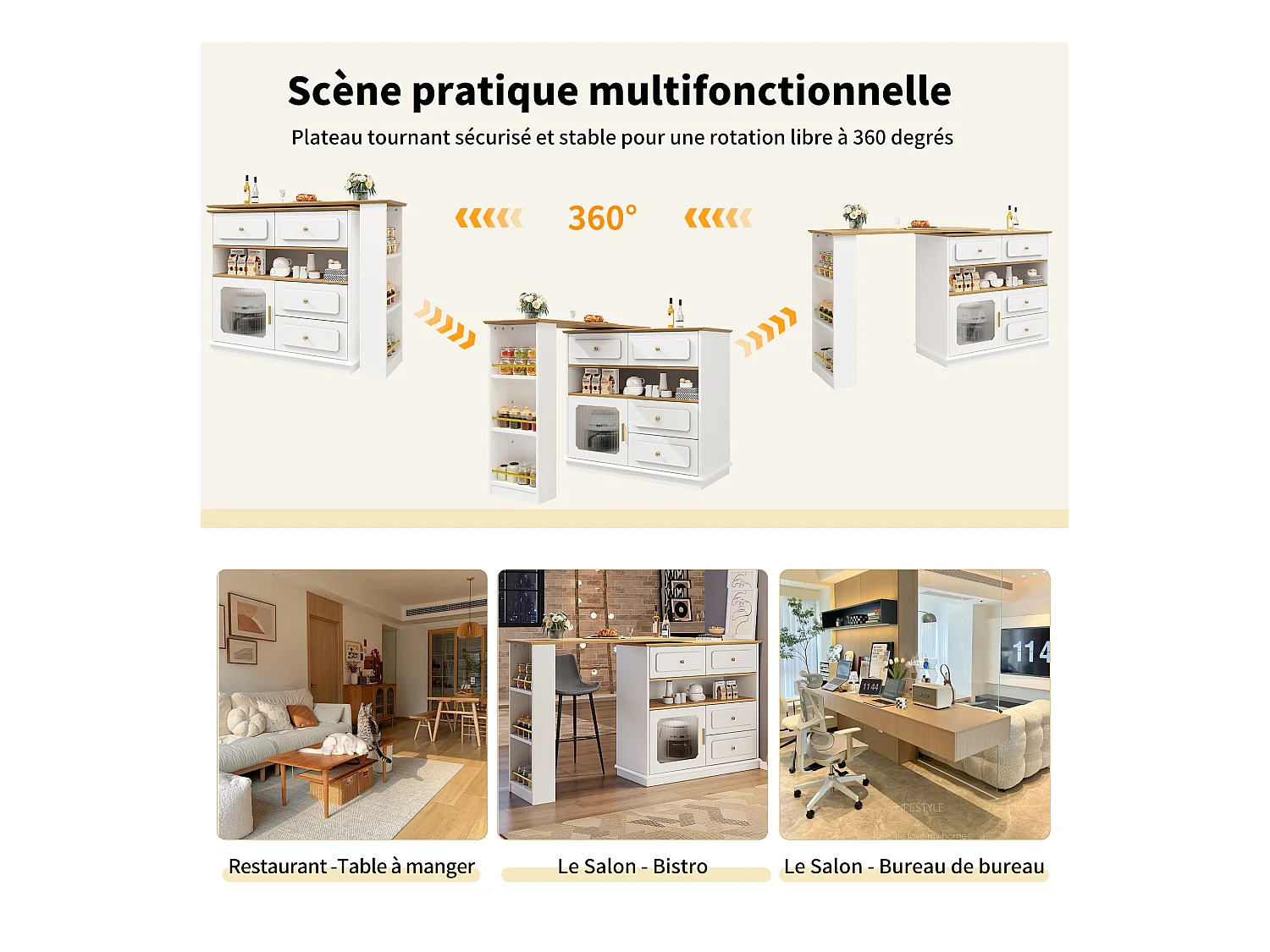 Meuble de bar pivotant 360° et escamotable - avec 4 tiroirs et 1 porte - étagères ouvertes - blanc