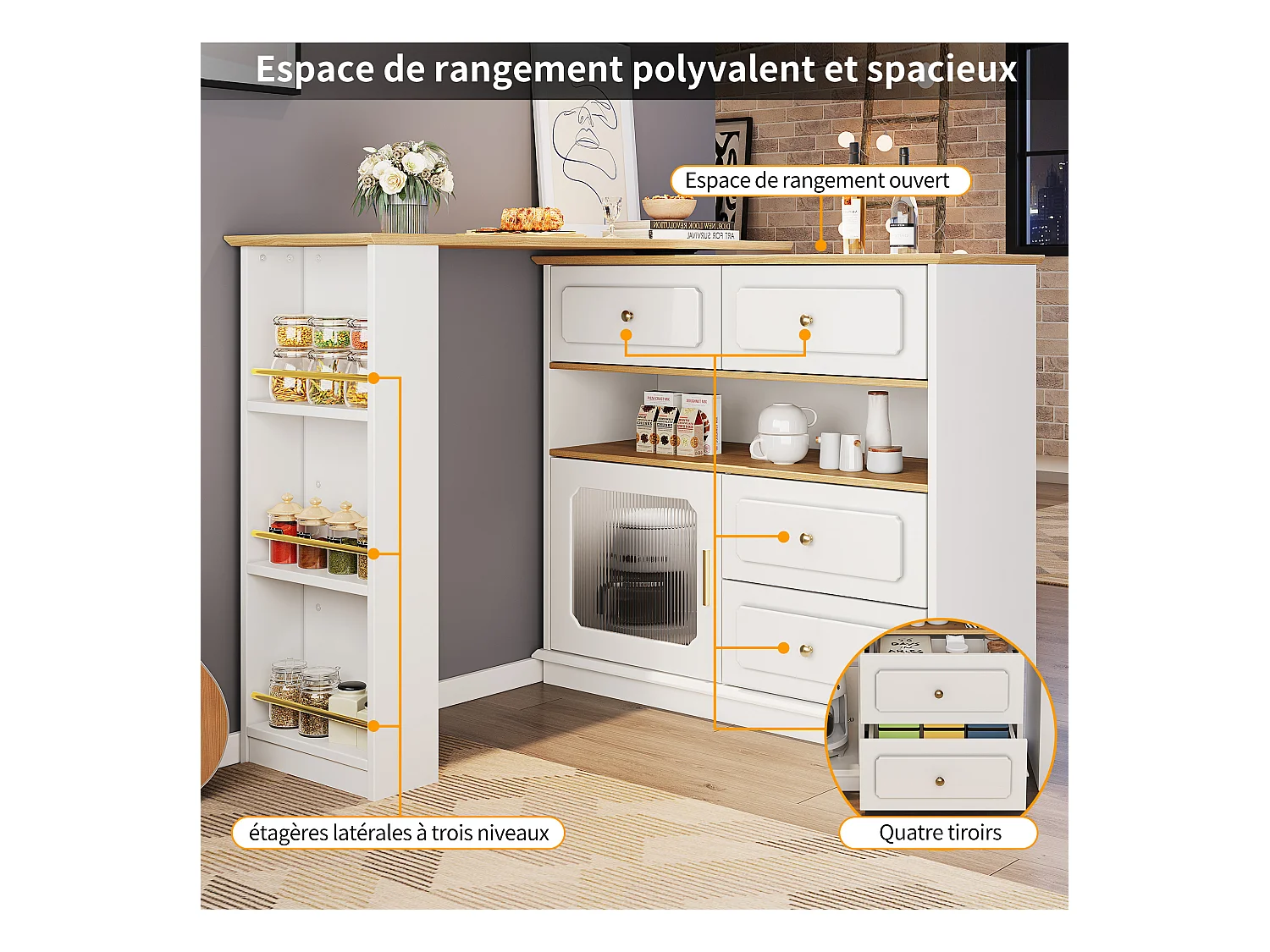Meuble de bar pivotant 360° et escamotable - avec 4 tiroirs et 1 porte - étagères ouvertes - blanc