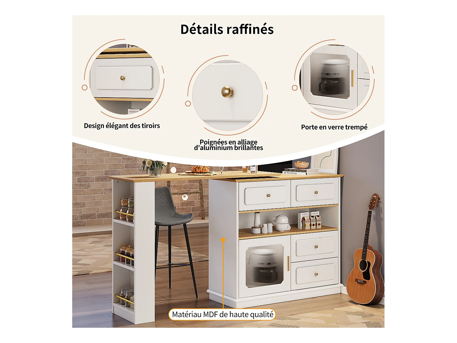 Meuble de bar pivotant 360° et escamotable - avec 4 tiroirs et 1 porte - étagères ouvertes - blanc