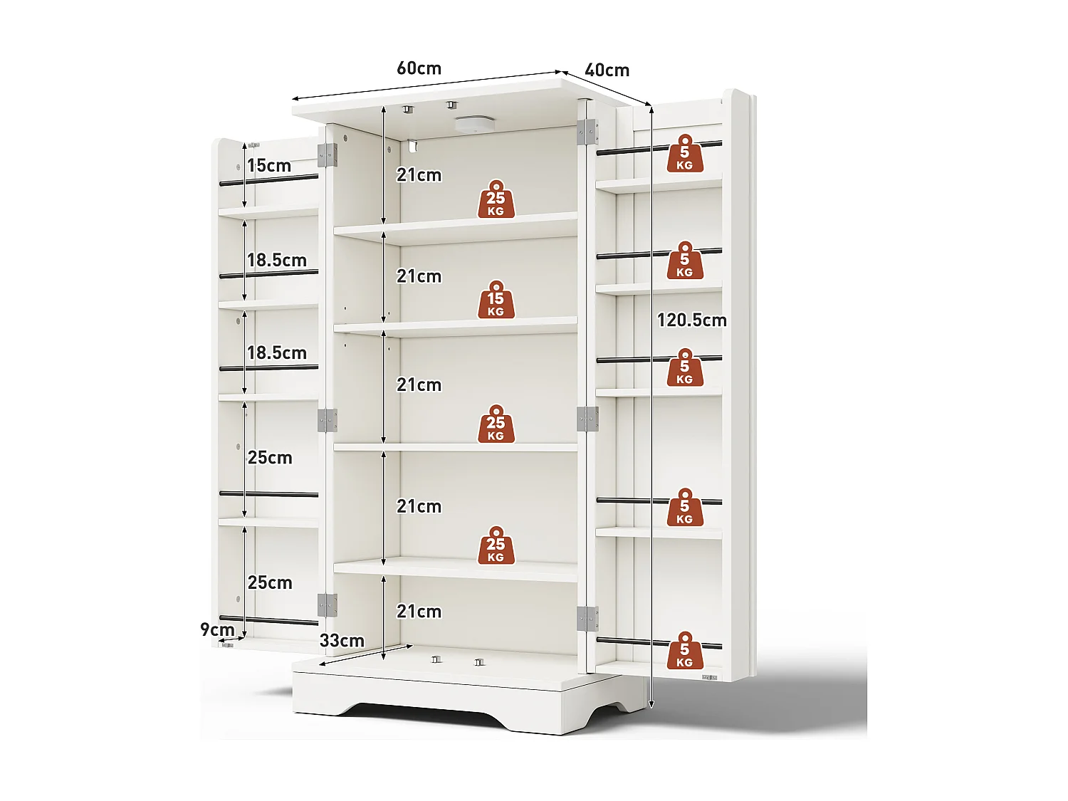 Credenza da cucina a due ante con dispositivo antiribaltamento, 60 x 40 x 120 cm, bianco