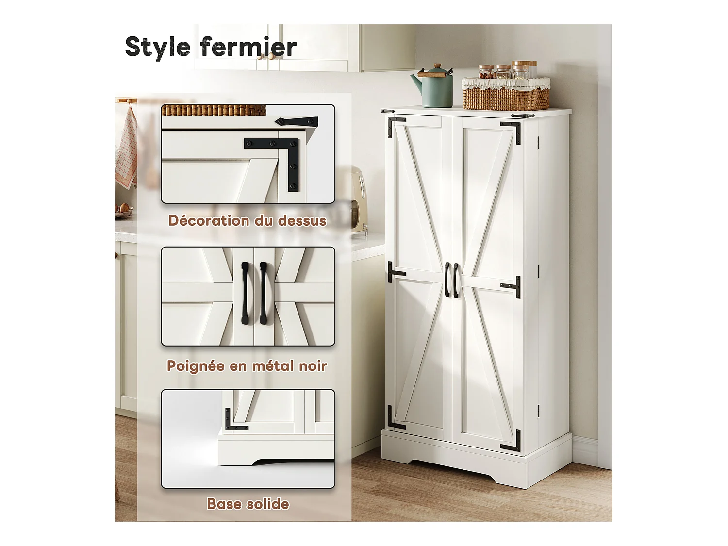 Aparador de cocina con almacenaje 60×35×128 cm con LED - Aparador de madera para cocina y salón, blanco