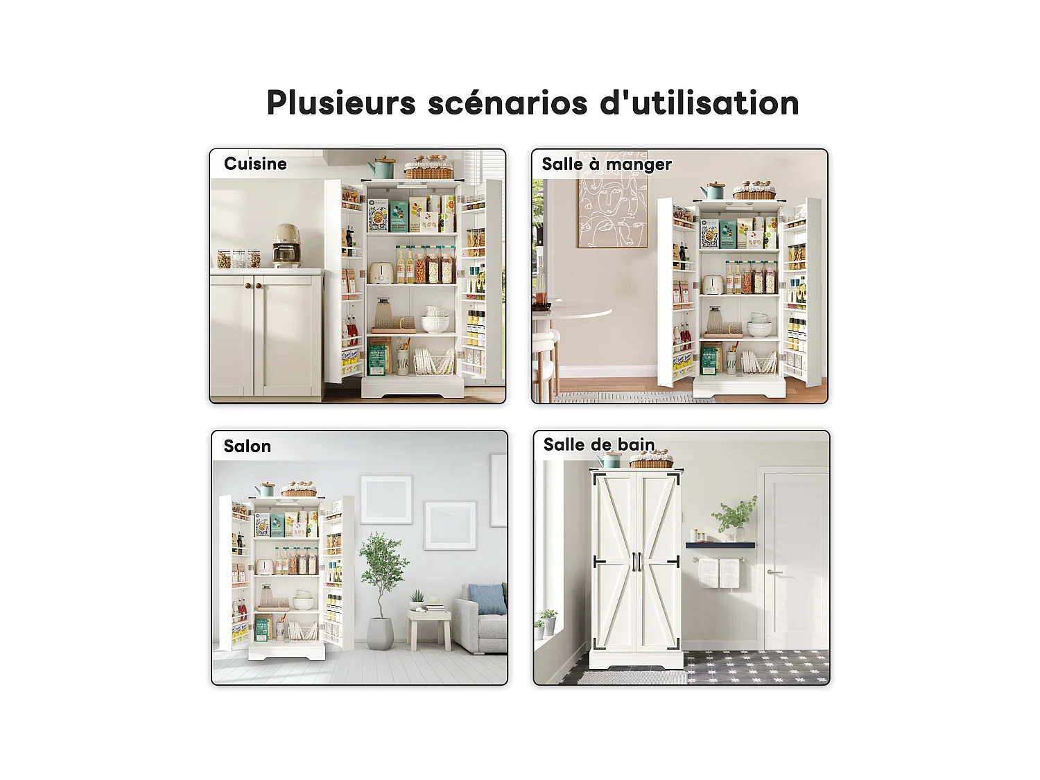 Aparador de cocina con almacenaje 60×35×128 cm con LED - Aparador de madera para cocina y salón, blanco