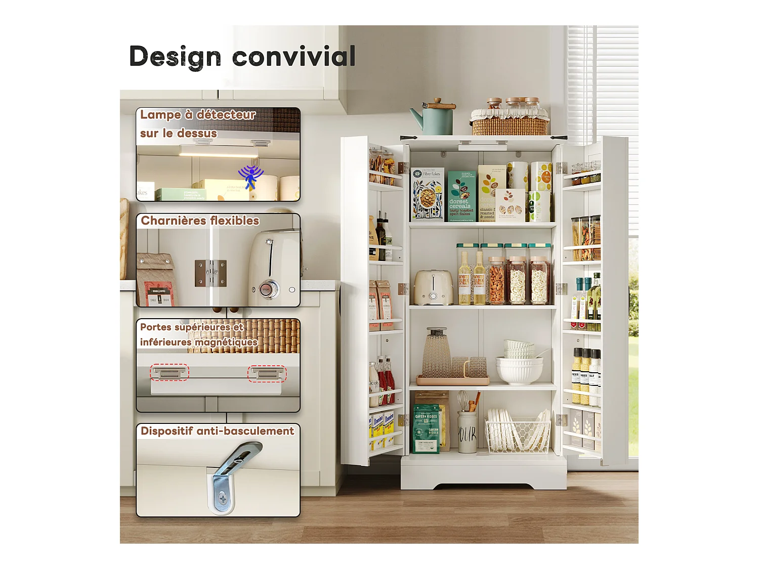 Aparador de cocina con almacenaje 60×35×128 cm con LED - Aparador de madera para cocina y salón, blanco