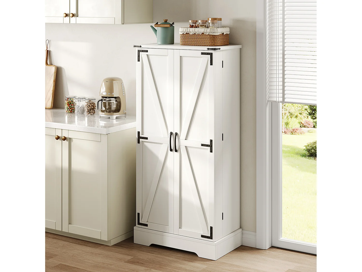 Buffet de Cuisine Rangement 60×35×128 cm avec  à LED - Buffet en Bois pour Cuisine et Salon, Blanc