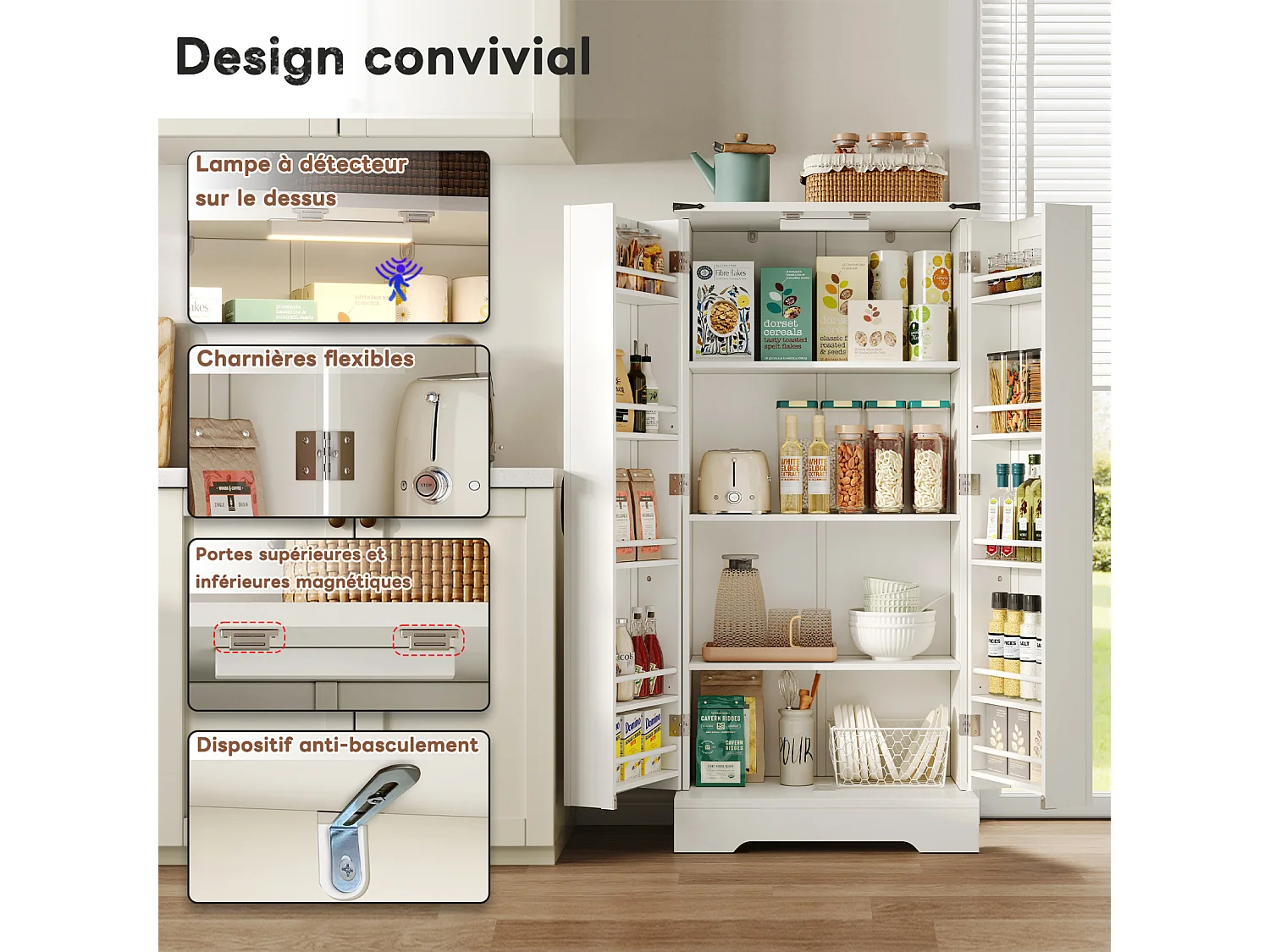 Buffet de Cuisine Rangement 60×35×128 cm avec  à LED - Buffet en Bois pour Cuisine et Salon, Blanc