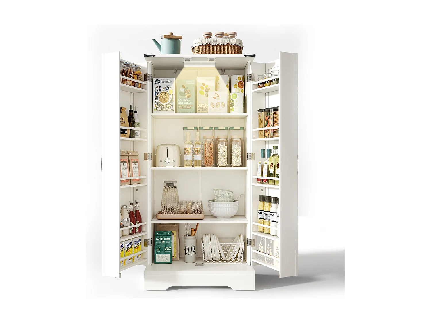 Buffet de Cuisine Rangement 60×35×128 cm avec  à LED - Buffet en Bois pour Cuisine et Salon, Blanc