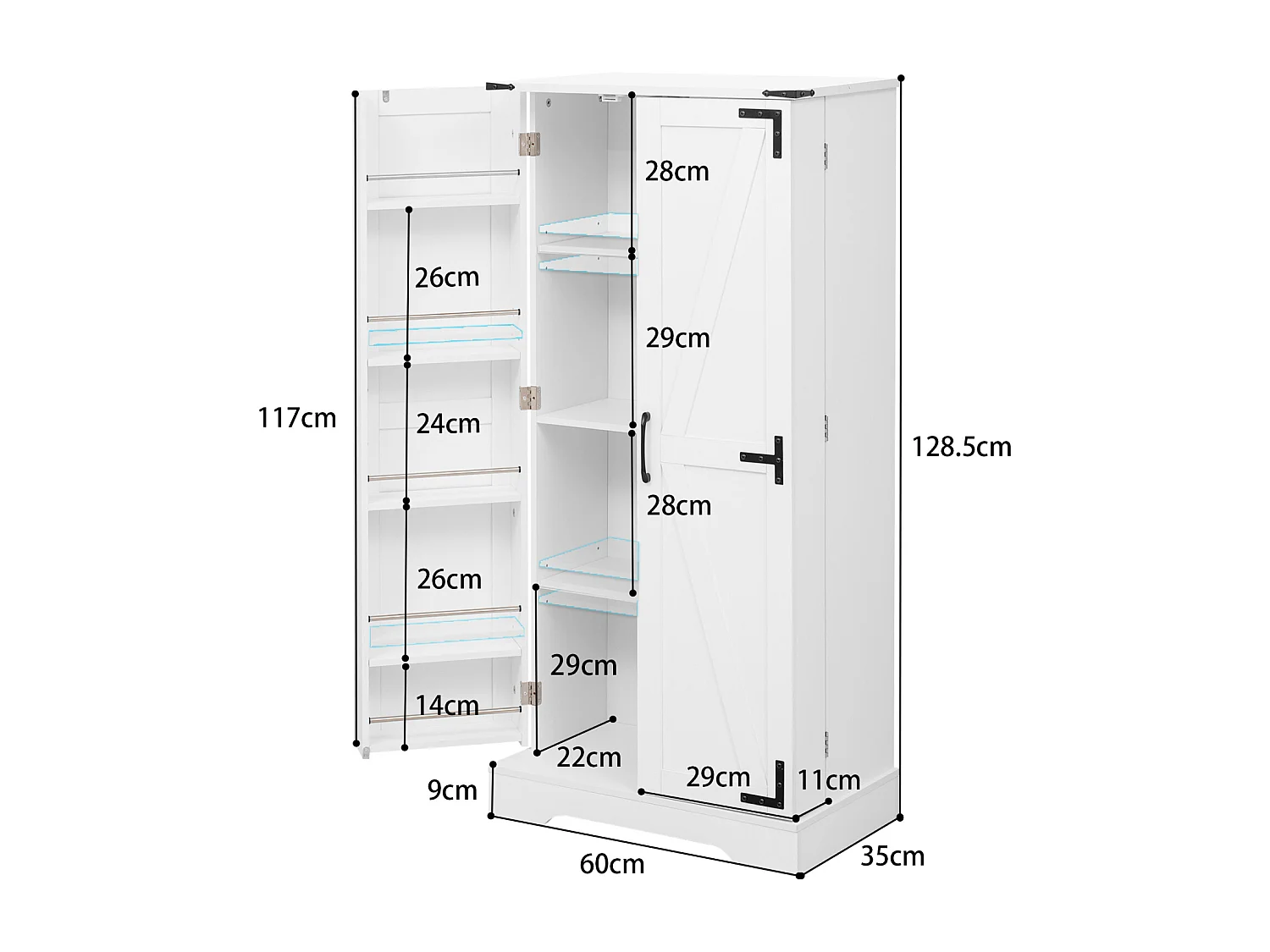 Buffet de Cuisine Rangement 60×35×128 cm avec  à LED - Buffet en Bois pour Cuisine et Salon, Blanc