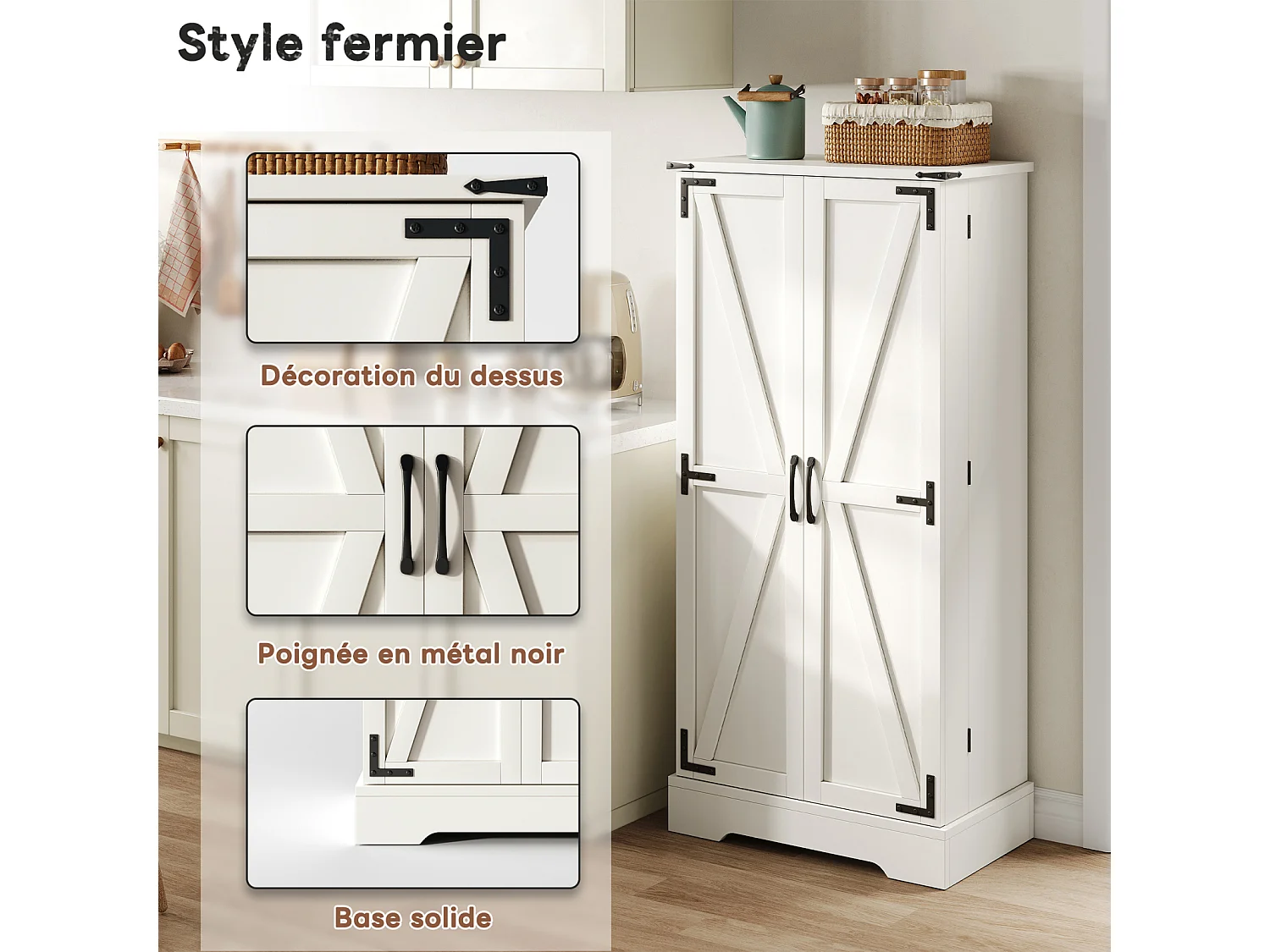 Buffet de Cuisine Rangement 60×35×128 cm avec  à LED - Buffet en Bois pour Cuisine et Salon, Blanc