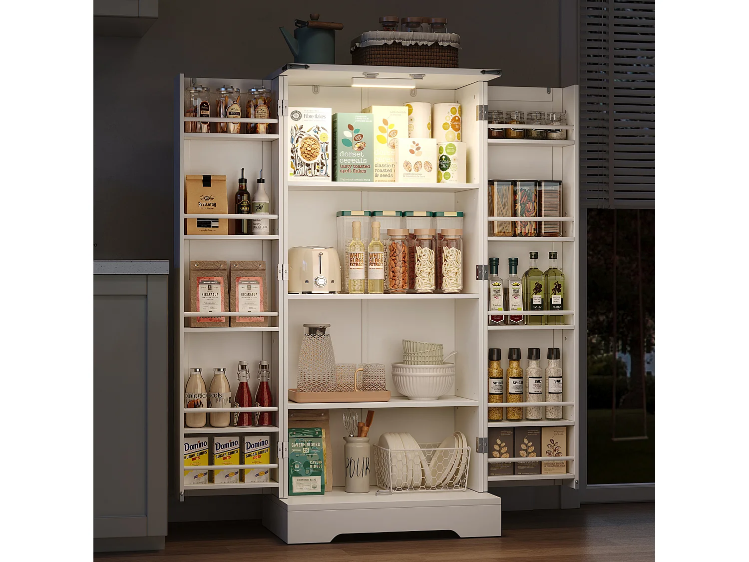 Buffet de Cuisine Rangement 60×35×128 cm avec  à LED - Buffet en Bois pour Cuisine et Salon, Blanc