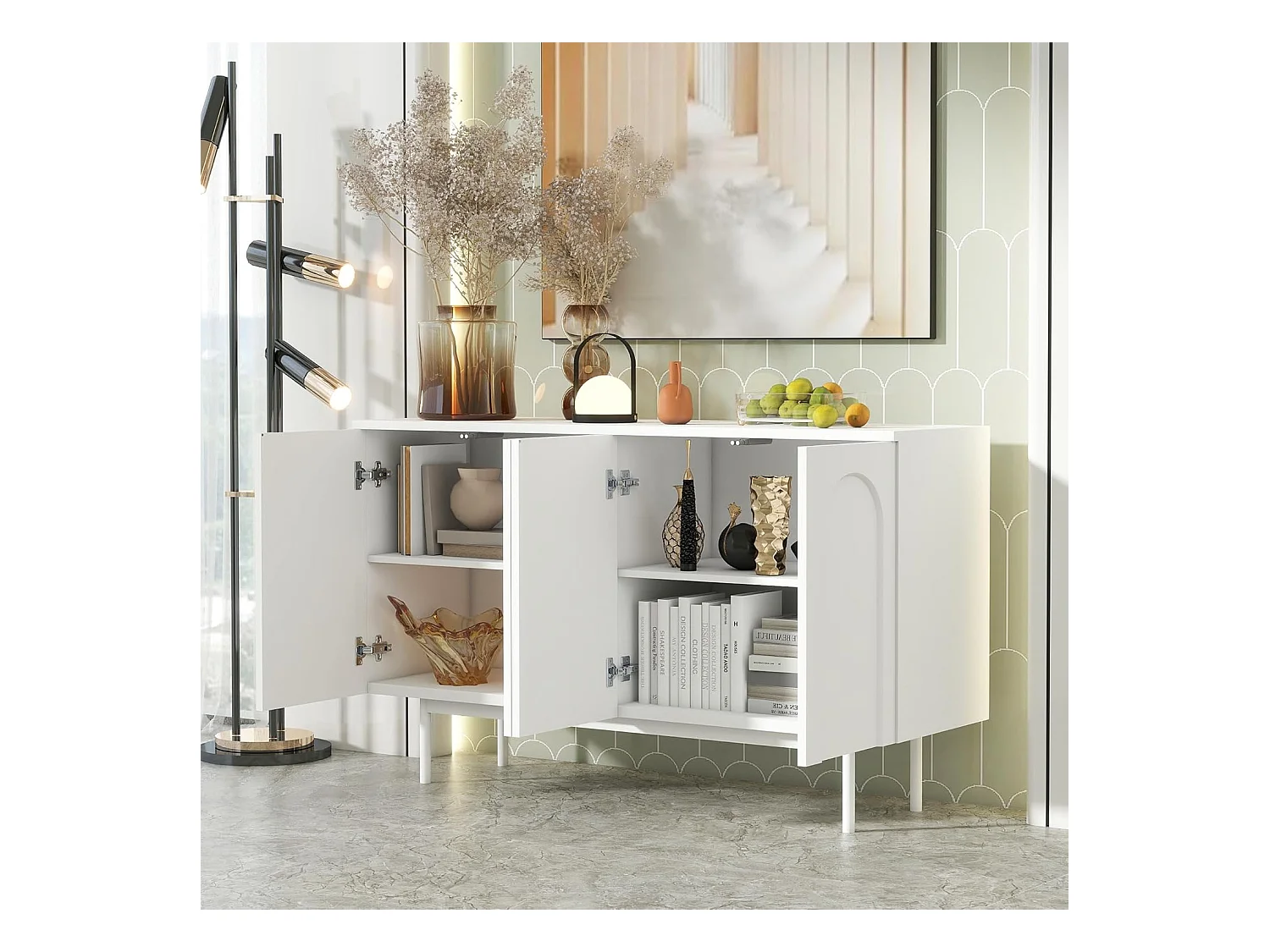 Buffet à 4 portes bombées - Blanc - Idéal pour salle à manger et salon - Espace de rangement