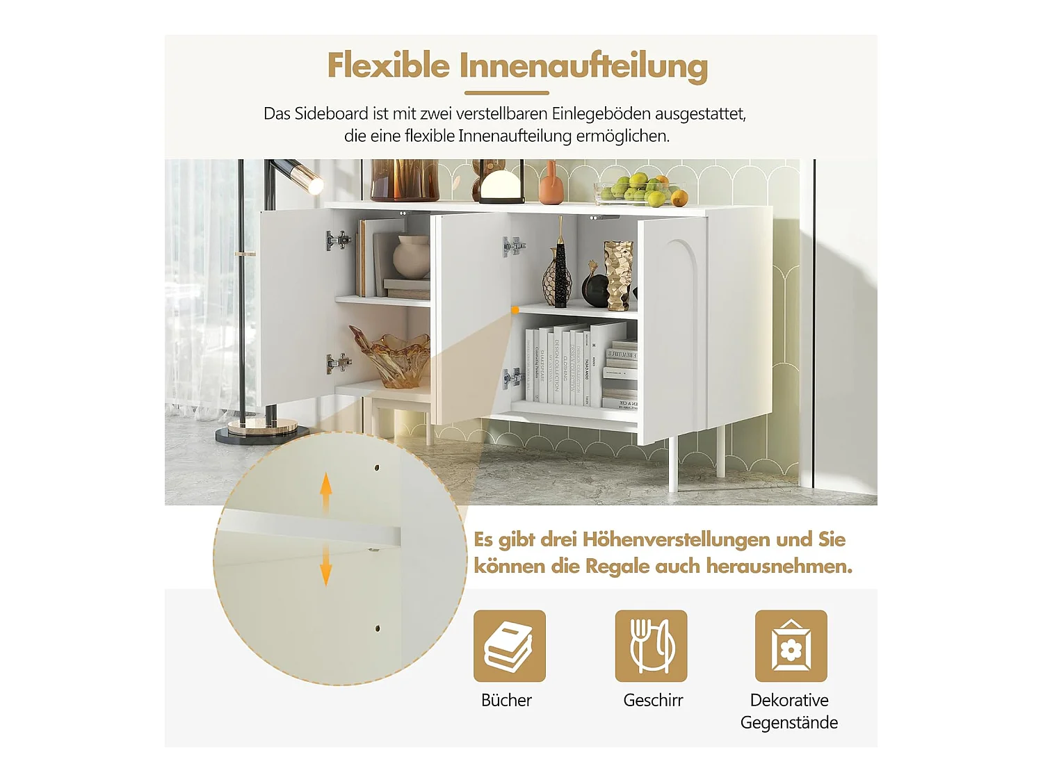 Buffet à 4 portes bombées - Blanc - Idéal pour salle à manger et salon - Espace de rangement