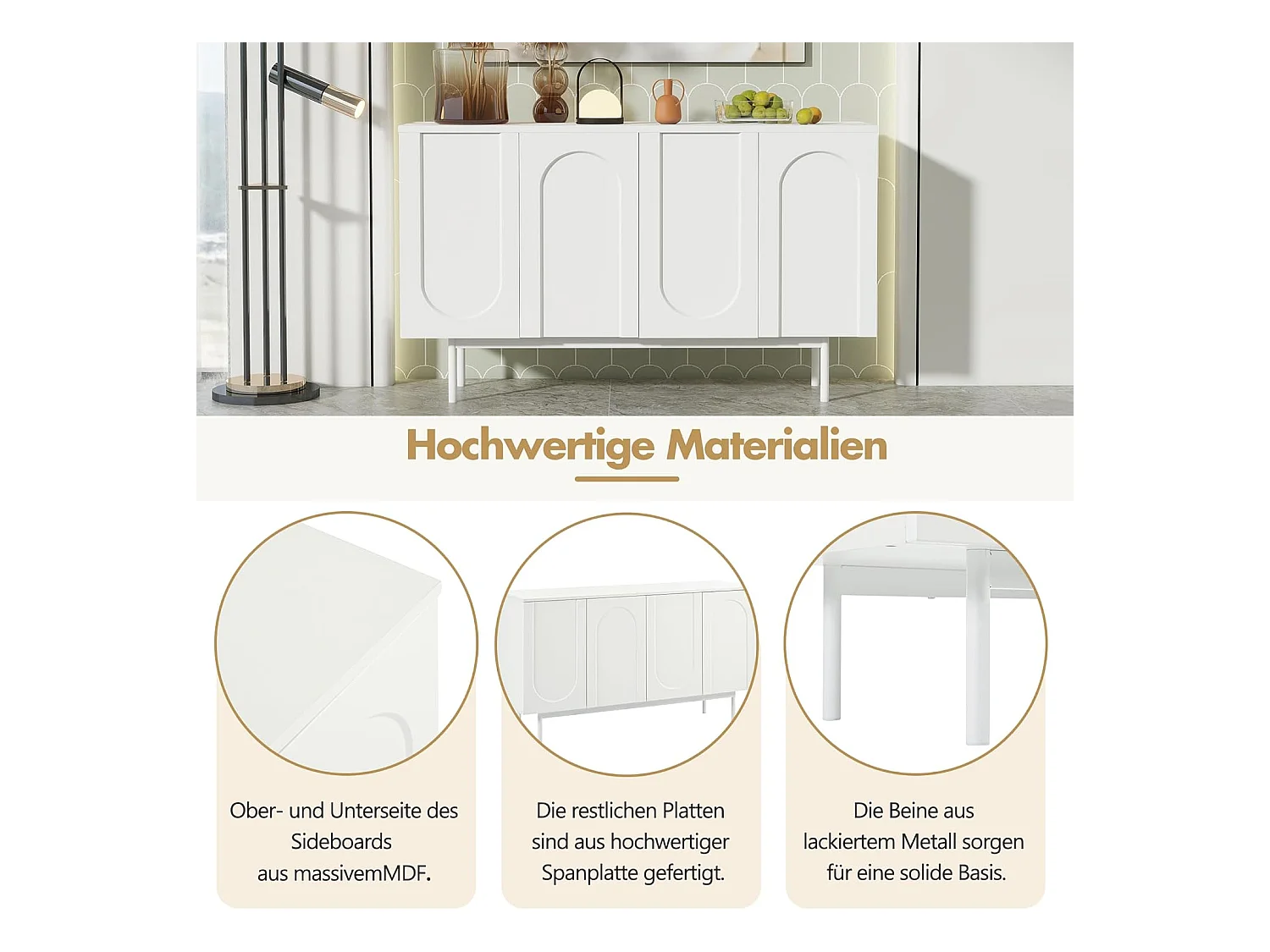 Buffet à 4 portes bombées - Blanc - Idéal pour salle à manger et salon - Espace de rangement