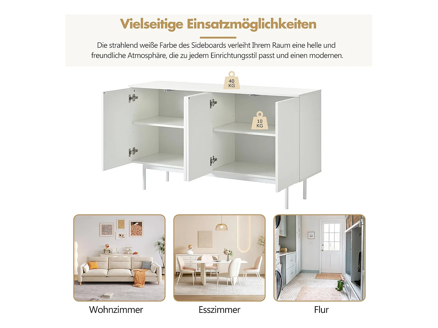 Buffet à 4 portes bombées - Blanc - Idéal pour salle à manger et salon - Espace de rangement