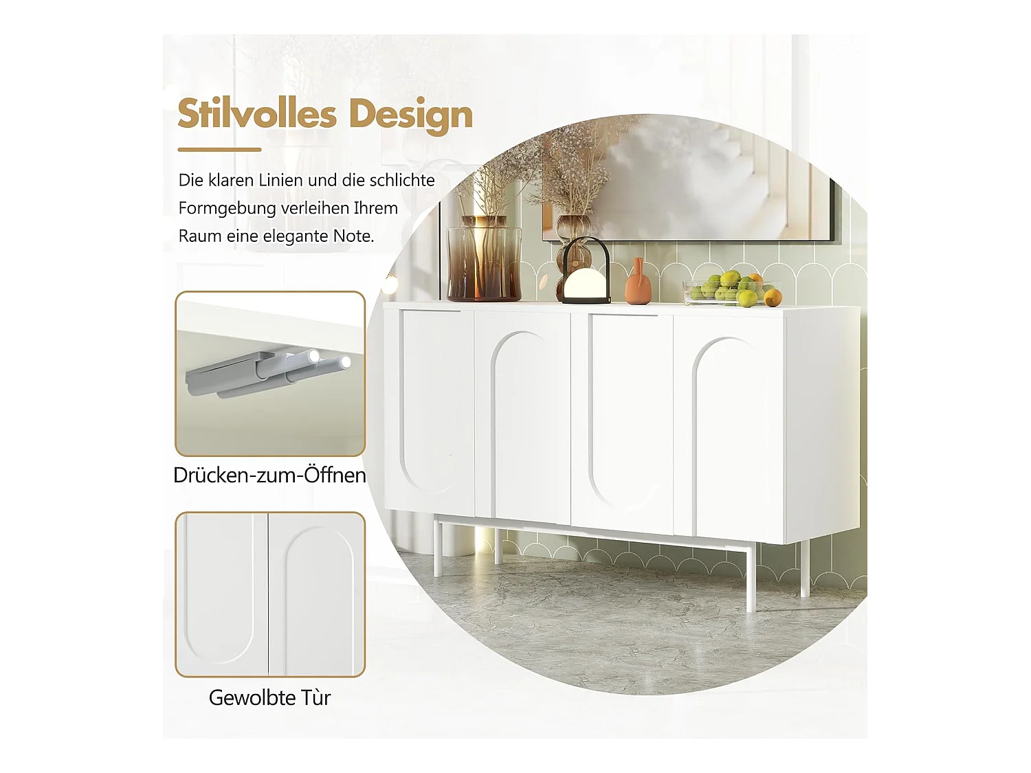 Buffet à 4 portes bombées - Blanc - Idéal pour salle à manger et salon - Espace de rangement