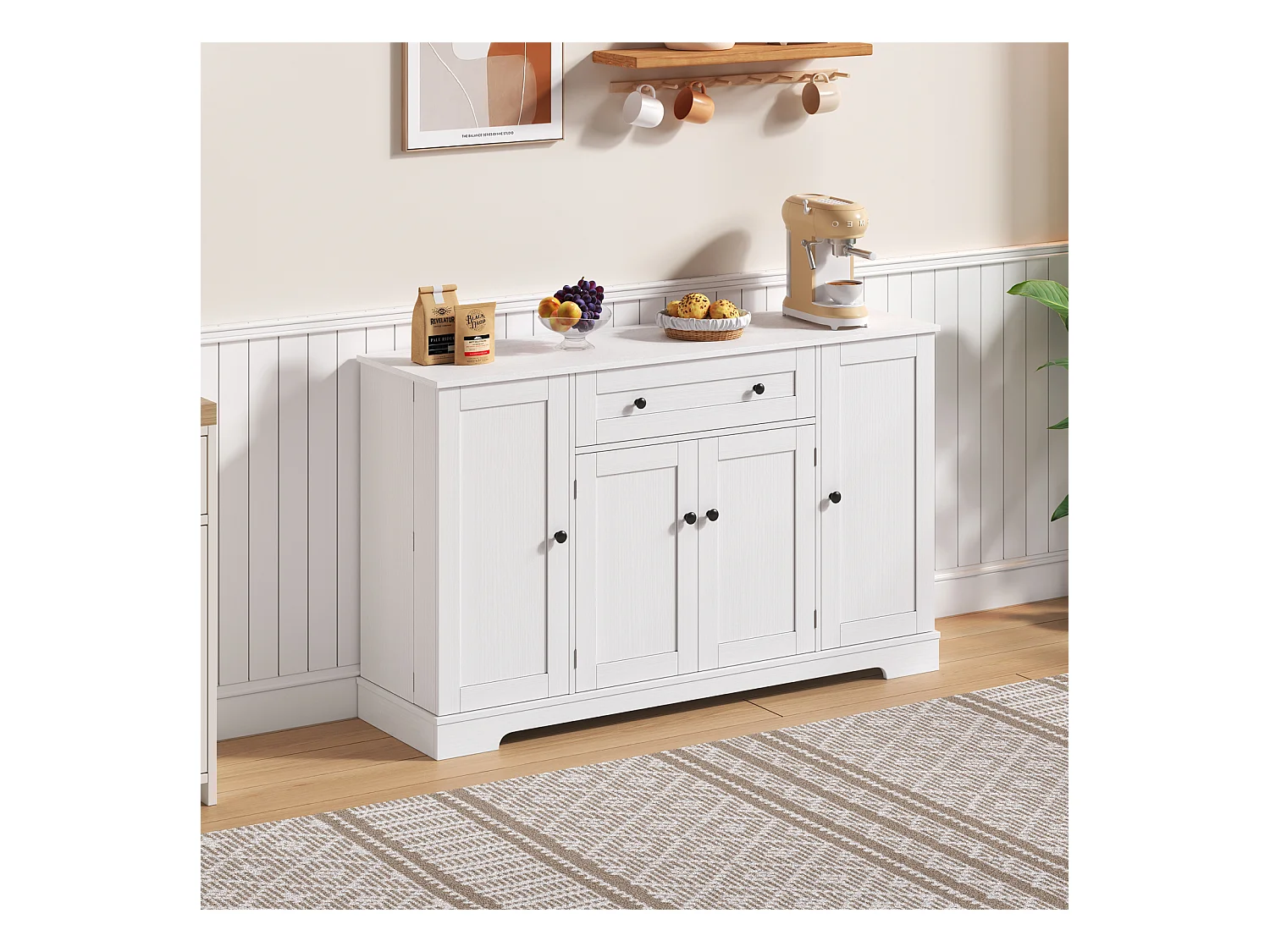 Buffet Cuisine Multifonctionnel, Armoire de Rangement avec tiroir, étagères, 138 x 40 x 85cm, Blanc