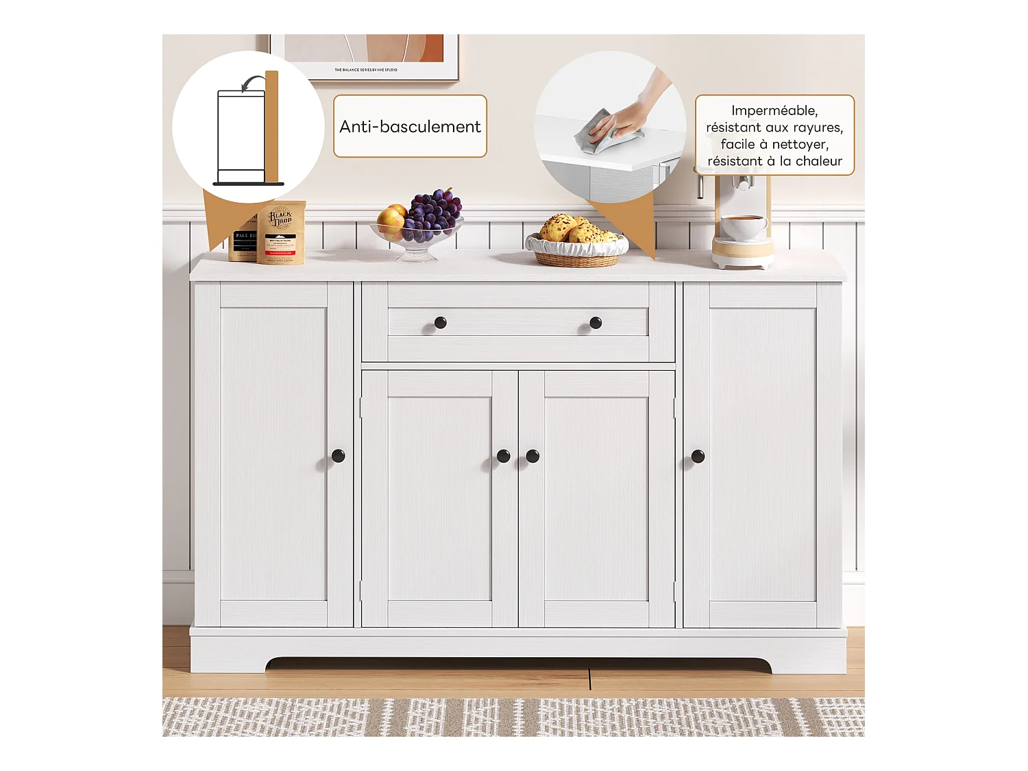 Buffet Cuisine Multifonctionnel, Armoire de Rangement avec tiroir, étagères, 138 x 40 x 85cm, Blanc