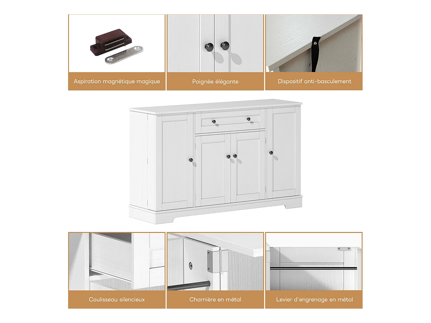 Buffet Cuisine Multifonctionnel, Armoire de Rangement avec tiroir, étagères, 138 x 40 x 85cm, Blanc