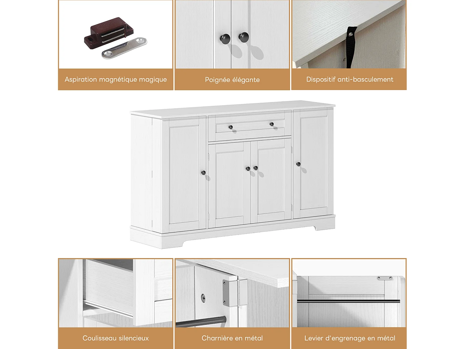 Buffet Cuisine Multifonctionnel, Armoire de Rangement avec tiroir, étagères, 138 x 40 x 85cm, Blanc