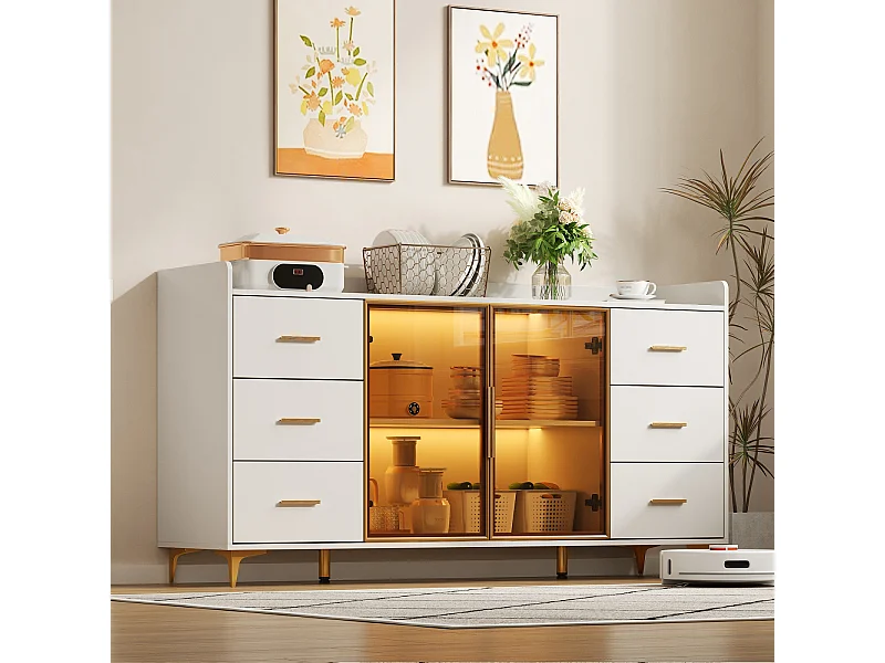 Aparador de cocina con LED, 6 cajones, puertas de cristal ámbar, mueble de almacenaje, color oro blanco