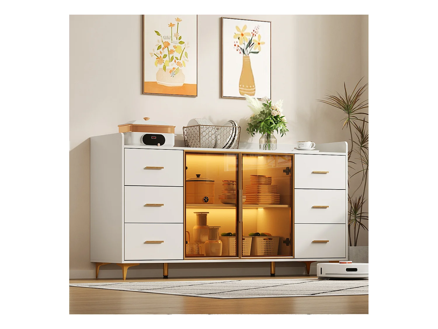 Aparador de cocina con LED, 6 cajones, puertas de cristal ámbar, mueble de almacenaje, color oro blanco