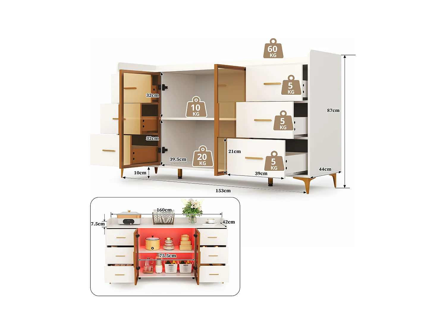 Aparador de cocina con LED, 6 cajones, puertas de cristal ámbar, mueble de almacenaje, color oro blanco