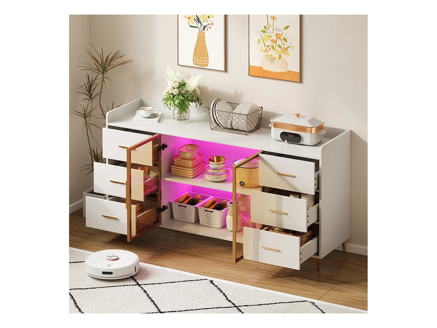 Aparador de cocina con LED, 6 cajones, puertas de cristal ámbar, mueble de almacenaje, color oro blanco