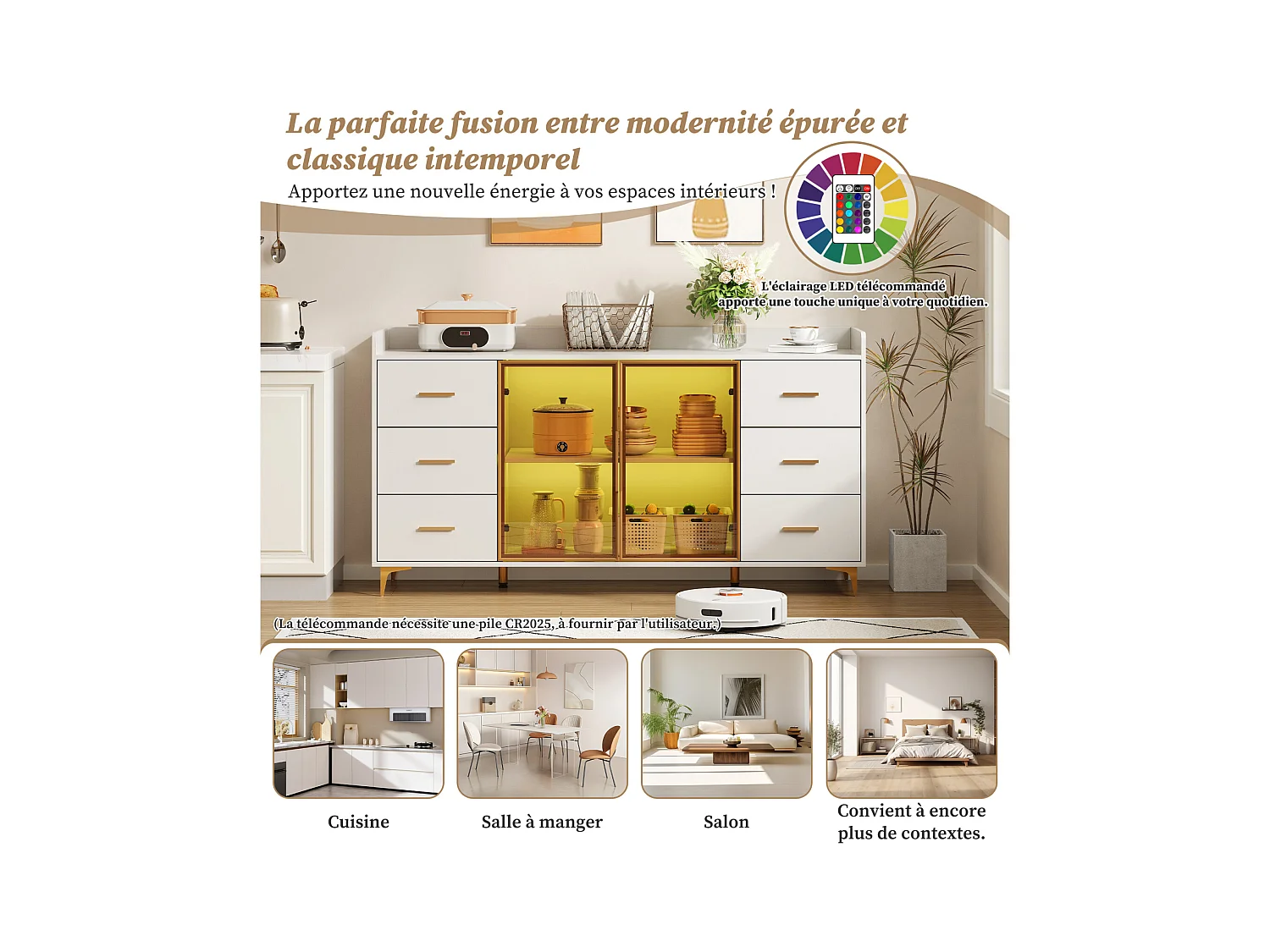 Aparador de cocina con LED, 6 cajones, puertas de cristal ámbar, mueble de almacenaje, color oro blanco