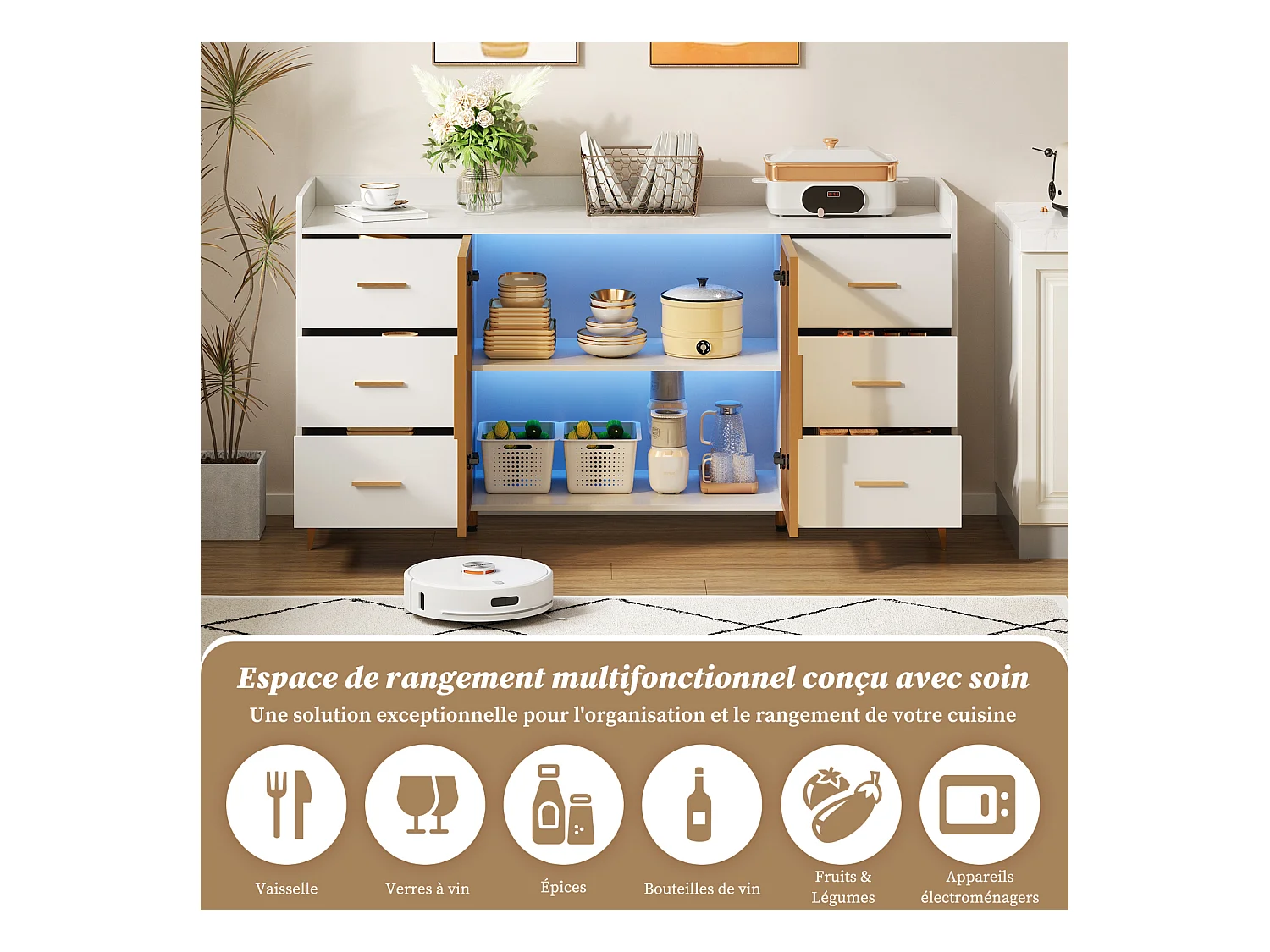 Aparador de cocina con LED, 6 cajones, puertas de cristal ámbar, mueble de almacenaje, color oro blanco