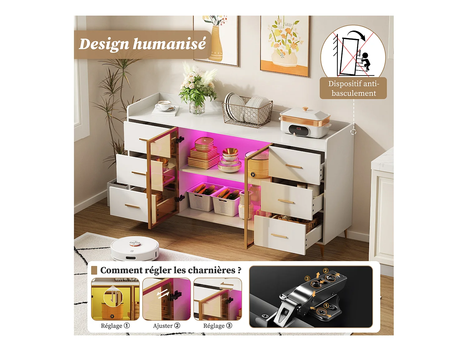 Aparador de cocina con LED, 6 cajones, puertas de cristal ámbar, mueble de almacenaje, color oro blanco