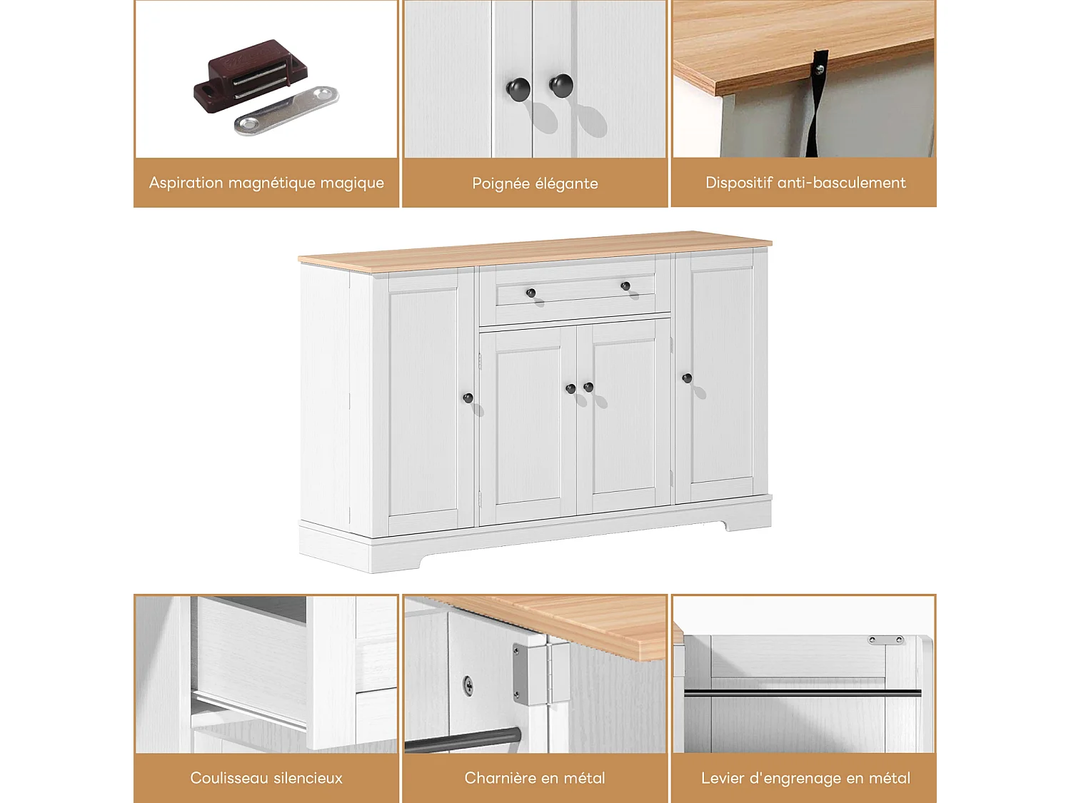 Buffet Cuisine Multifonctionnel, Armoire de Rangement avec tiroir, étagères, 138 x 40 x 85cm,  Blanc