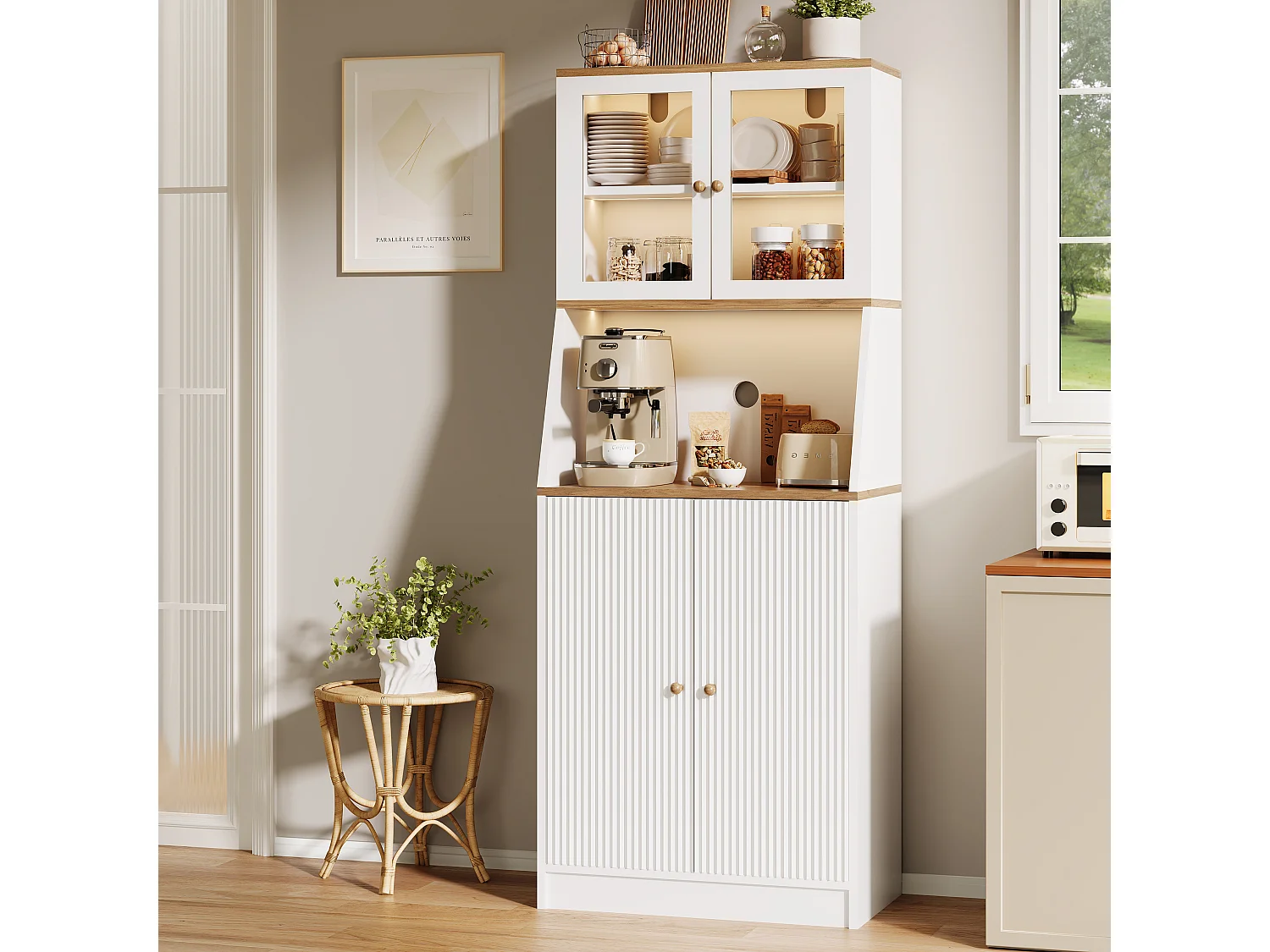 Buffet Haut, avec Plan de Travail et 4 Compartiments de Rangement, avec LED, 40 X 70 X 180 Cm, Blanc