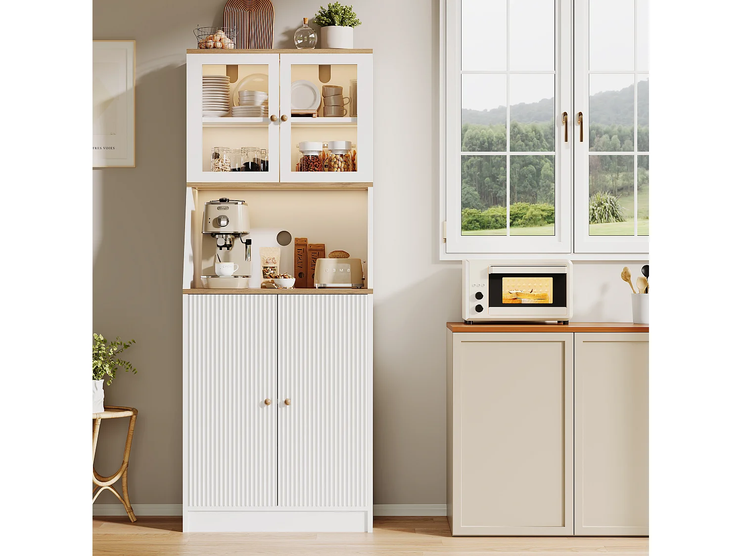 Buffet Haut, avec Plan de Travail et 4 Compartiments de Rangement, avec LED, 40 X 70 X 180 Cm, Blanc