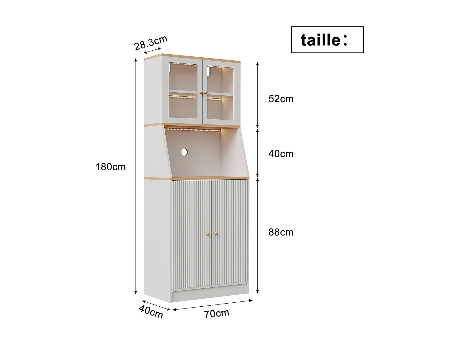 Buffet Haut, avec Plan de Travail et 4 Compartiments de Rangement, avec LED, 40 X 70 X 180 Cm, Blanc
