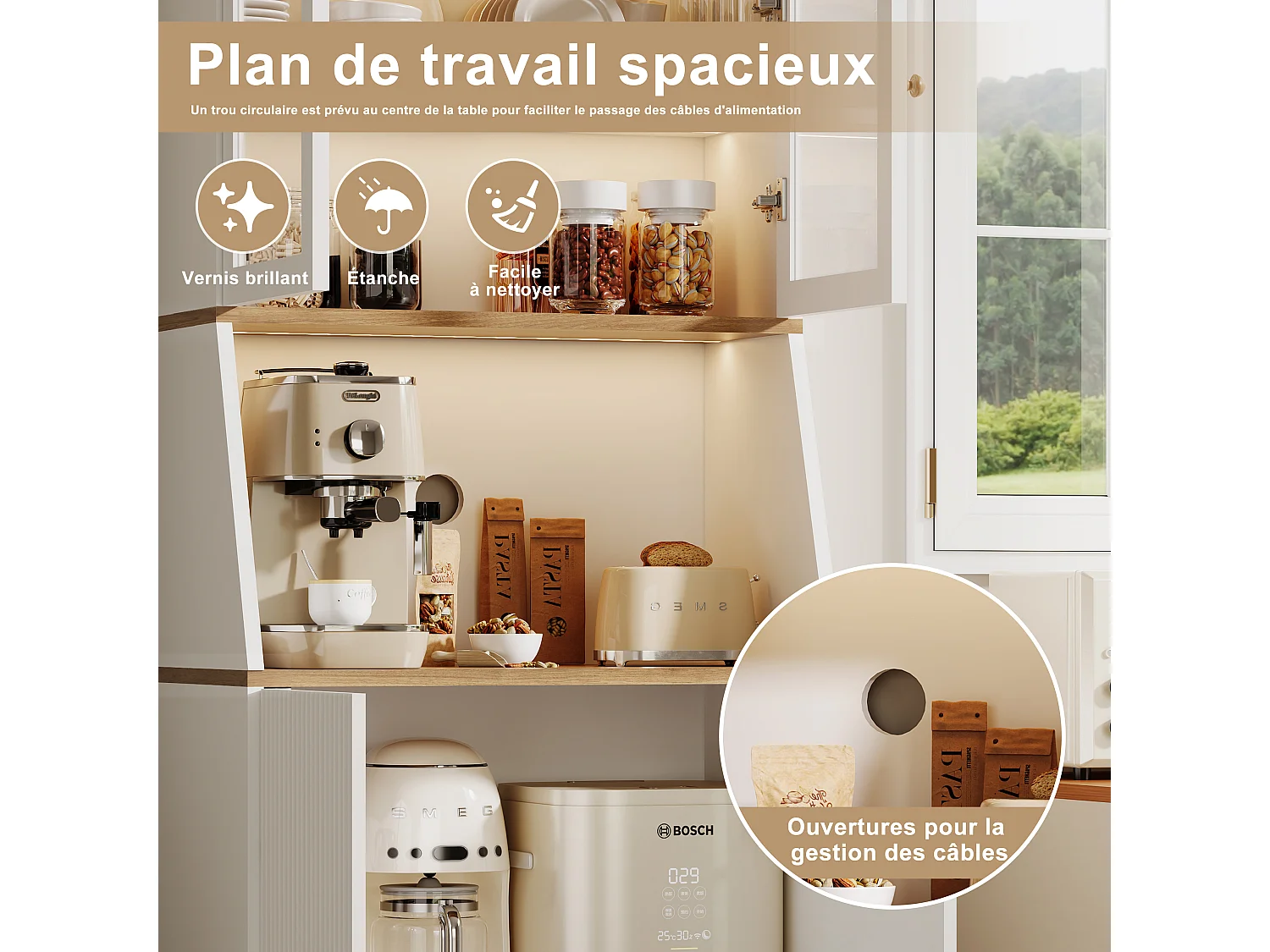 Buffet Haut, avec Plan de Travail et 4 Compartiments de Rangement, avec LED, 40 X 70 X 180 Cm, Blanc
