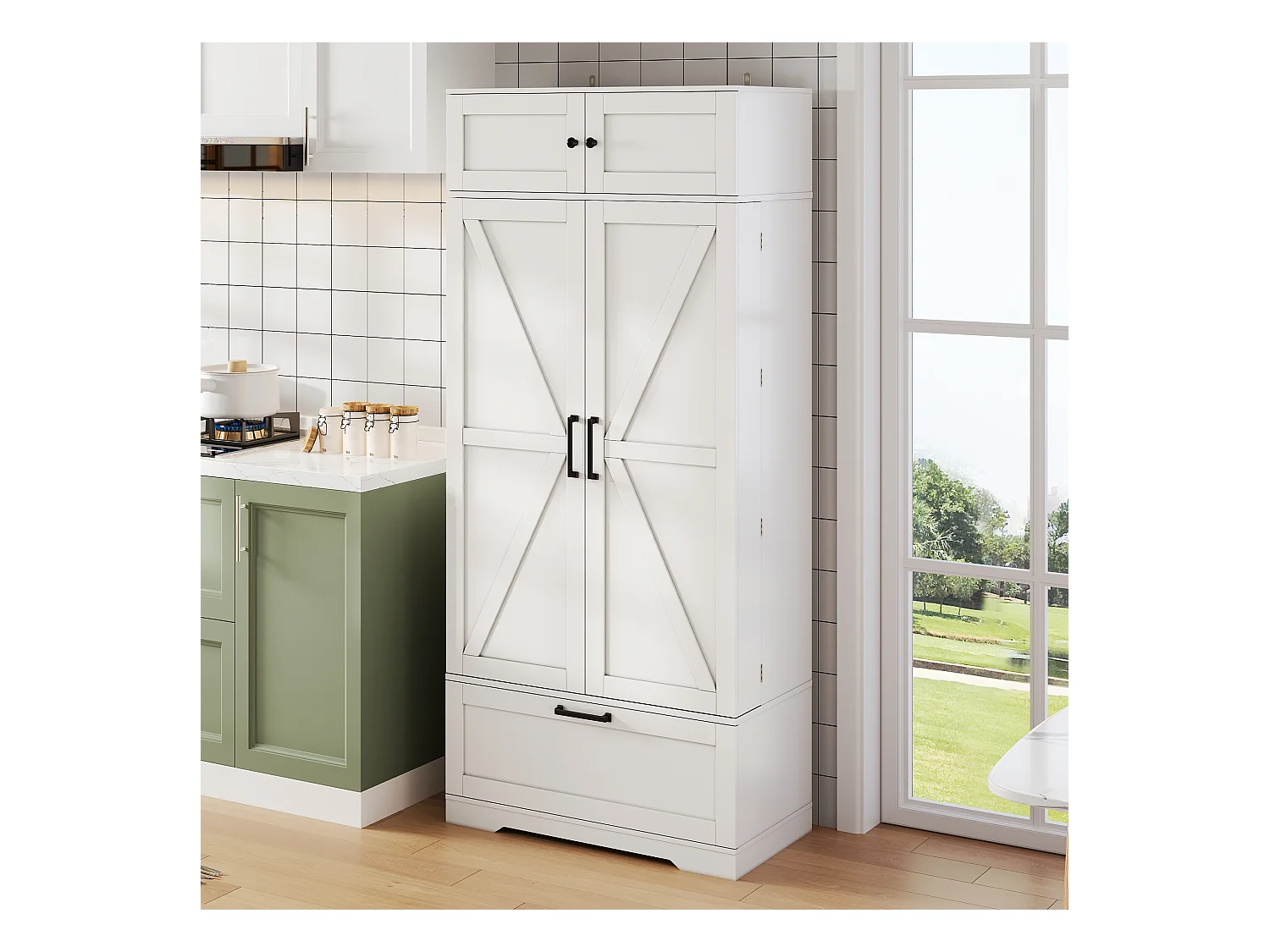 Aparador de cocina con 4 puertas y 1 cajón, aparador alto con tirador de metal retro, blanco