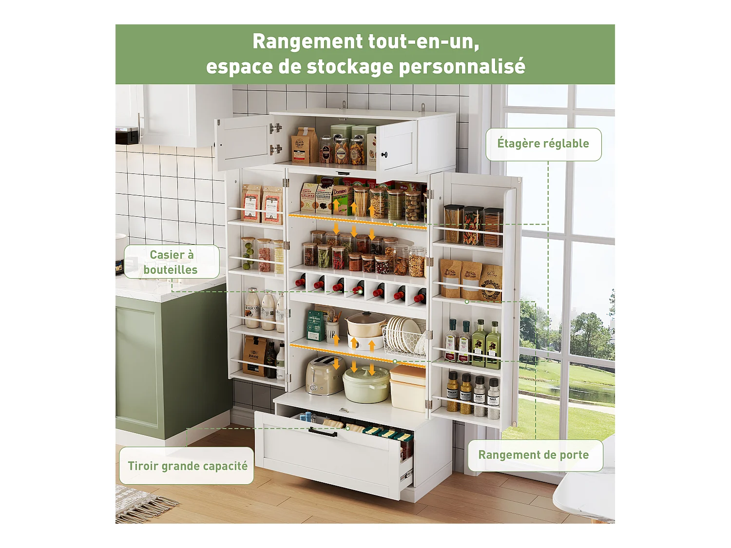 Aparador de cocina con 4 puertas y 1 cajón, aparador alto con tirador de metal retro, blanco