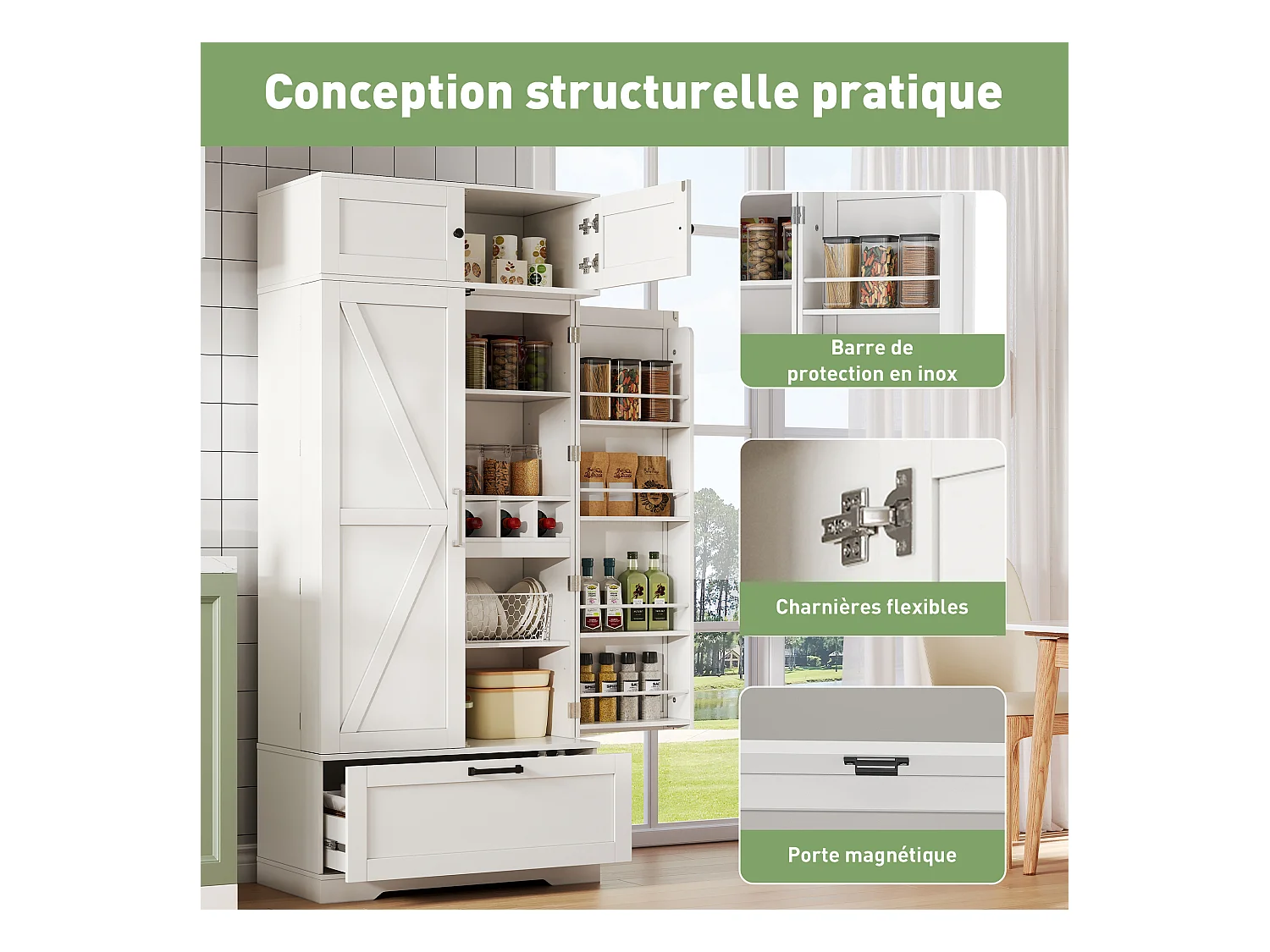 Aparador de cocina con 4 puertas y 1 cajón, aparador alto con tirador de metal retro, blanco