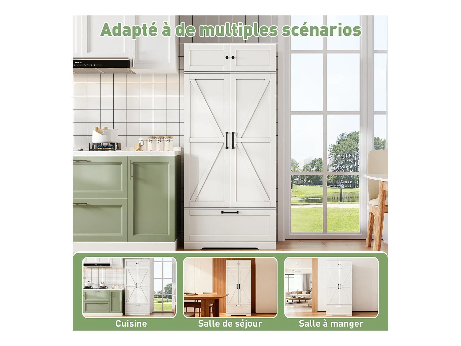 Aparador de cocina con 4 puertas y 1 cajón, aparador alto con tirador de metal retro, blanco