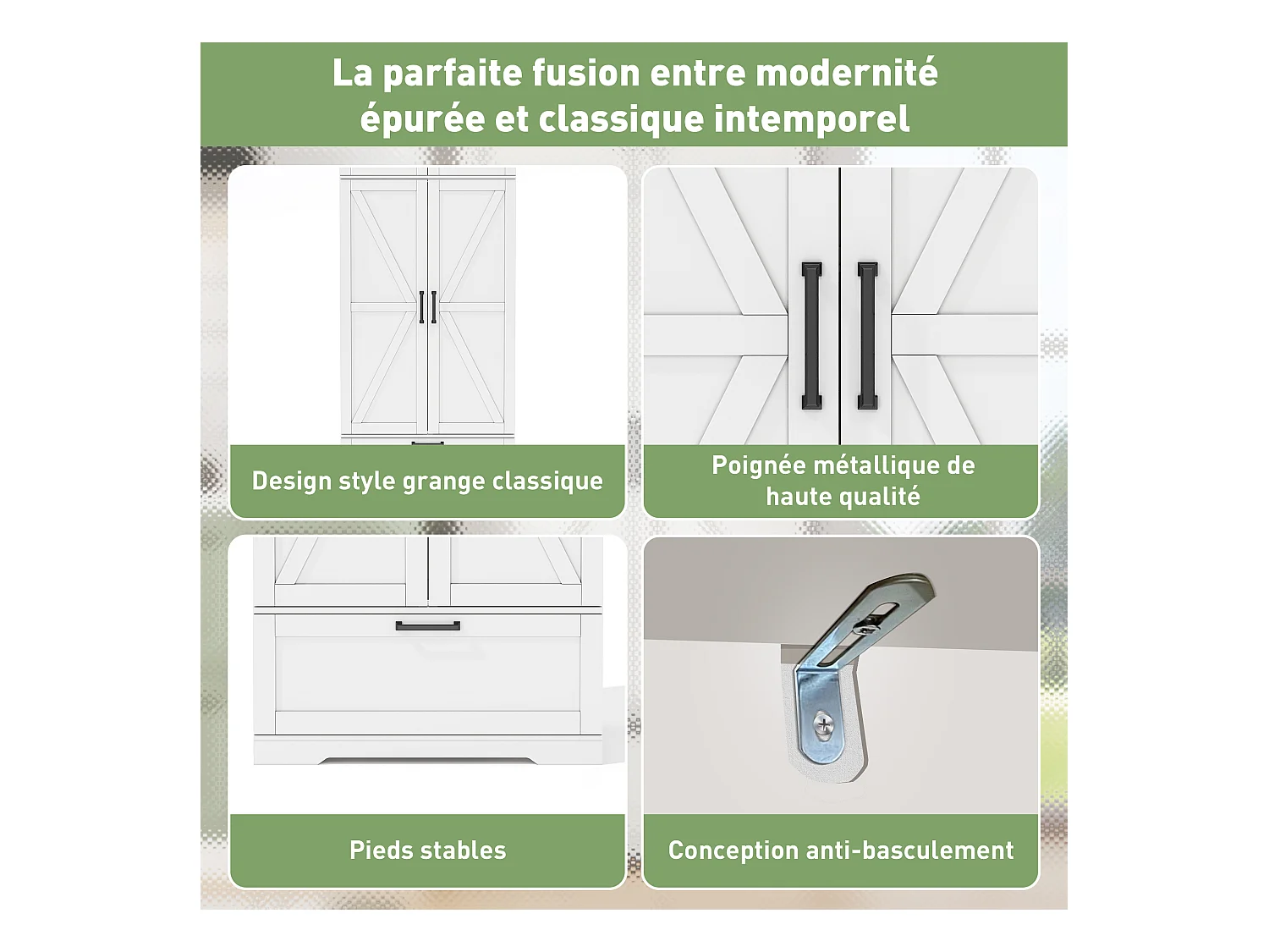 Aparador de cocina con 4 puertas y 1 cajón, aparador alto con tirador de metal retro, blanco